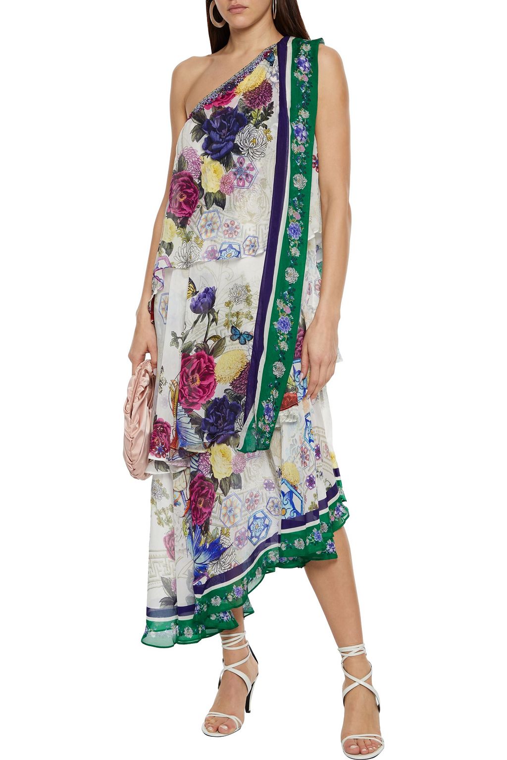 CAMILLA One-shoulder tiered tie-neck floral-print silk-chiffon midi dress