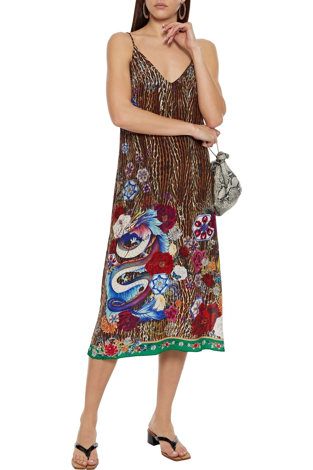 CAMILLA Lace-up crystal-embellished printed silk crepe de chine midi slip dress