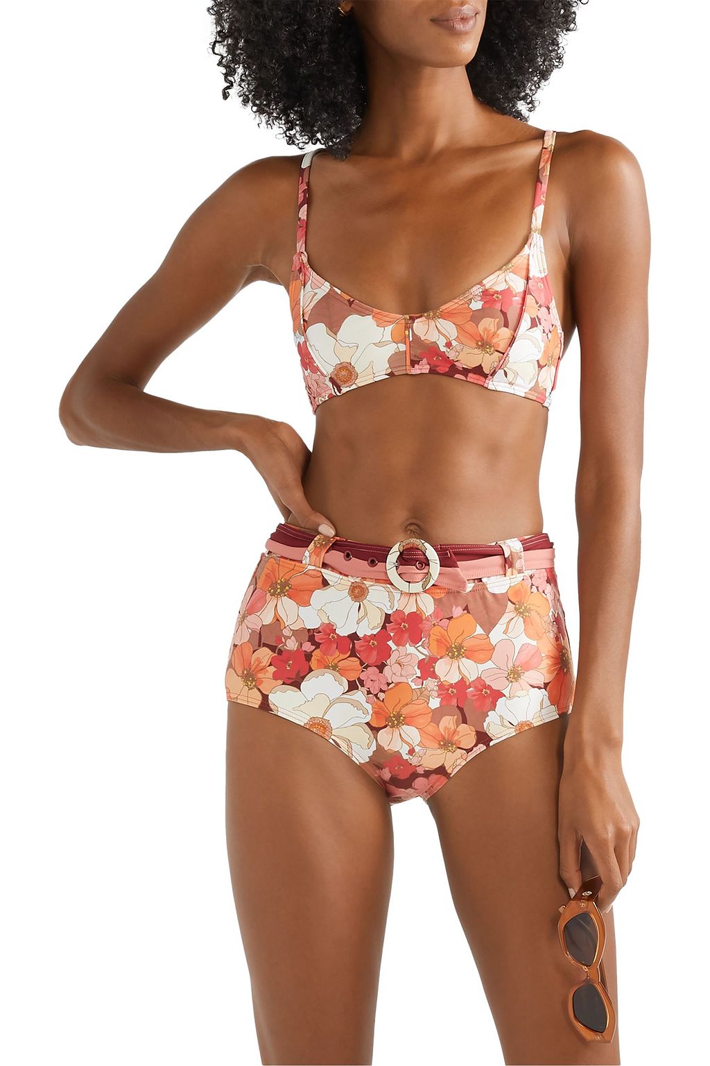 PEONY SWIMWEAR Belted floral-print bikini briefs