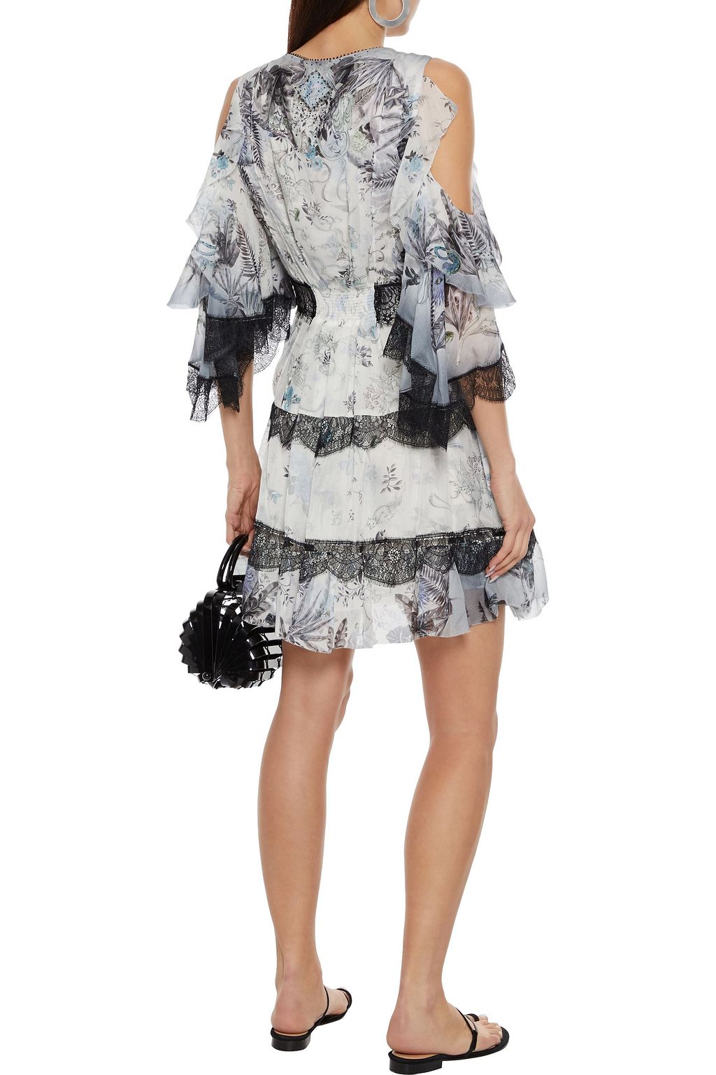 CAMILLA Cold-shoulder lace-trimmed embellished printed silk-chiffon mini dress