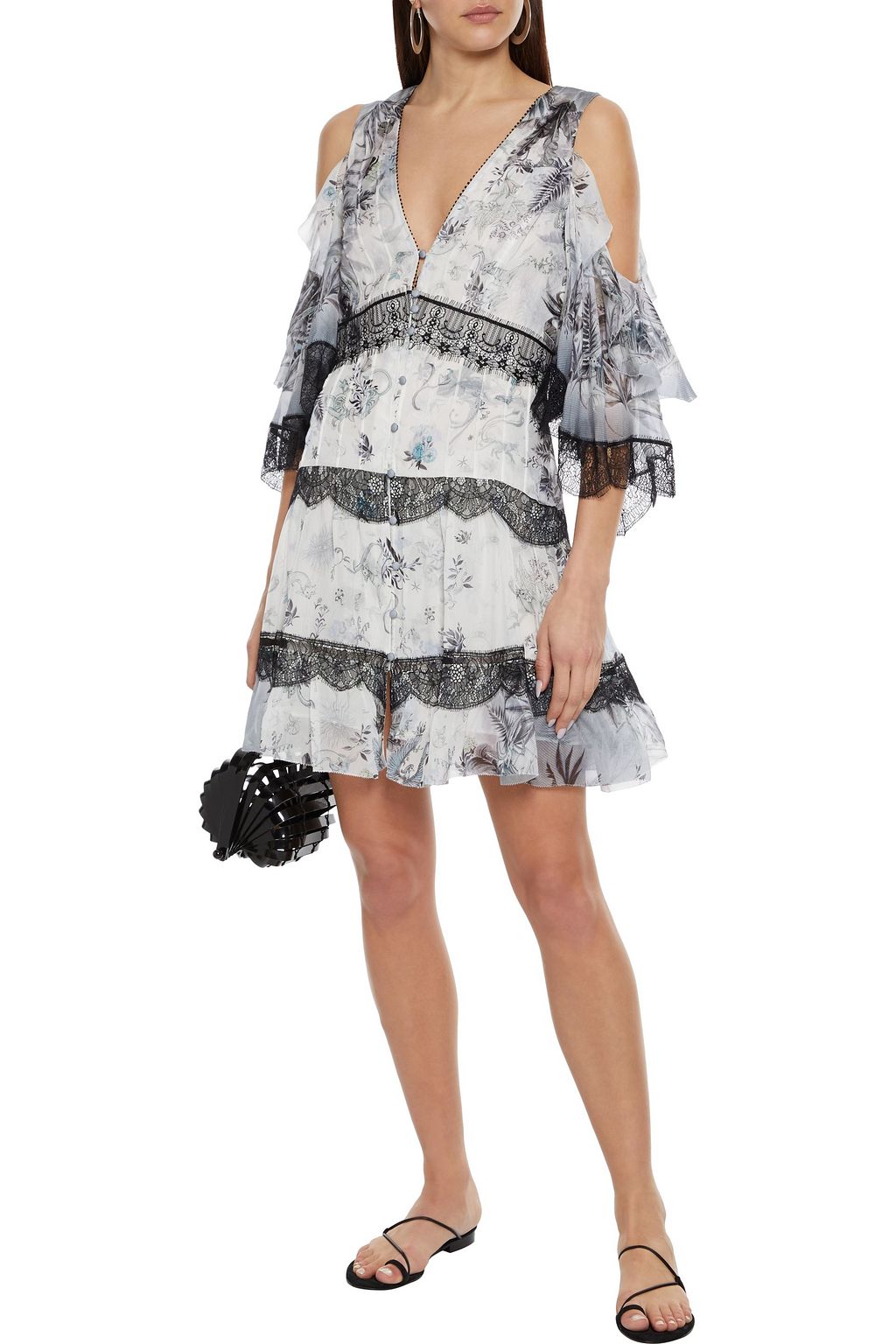 CAMILLA Cold-shoulder lace-trimmed embellished printed silk-chiffon mini dress