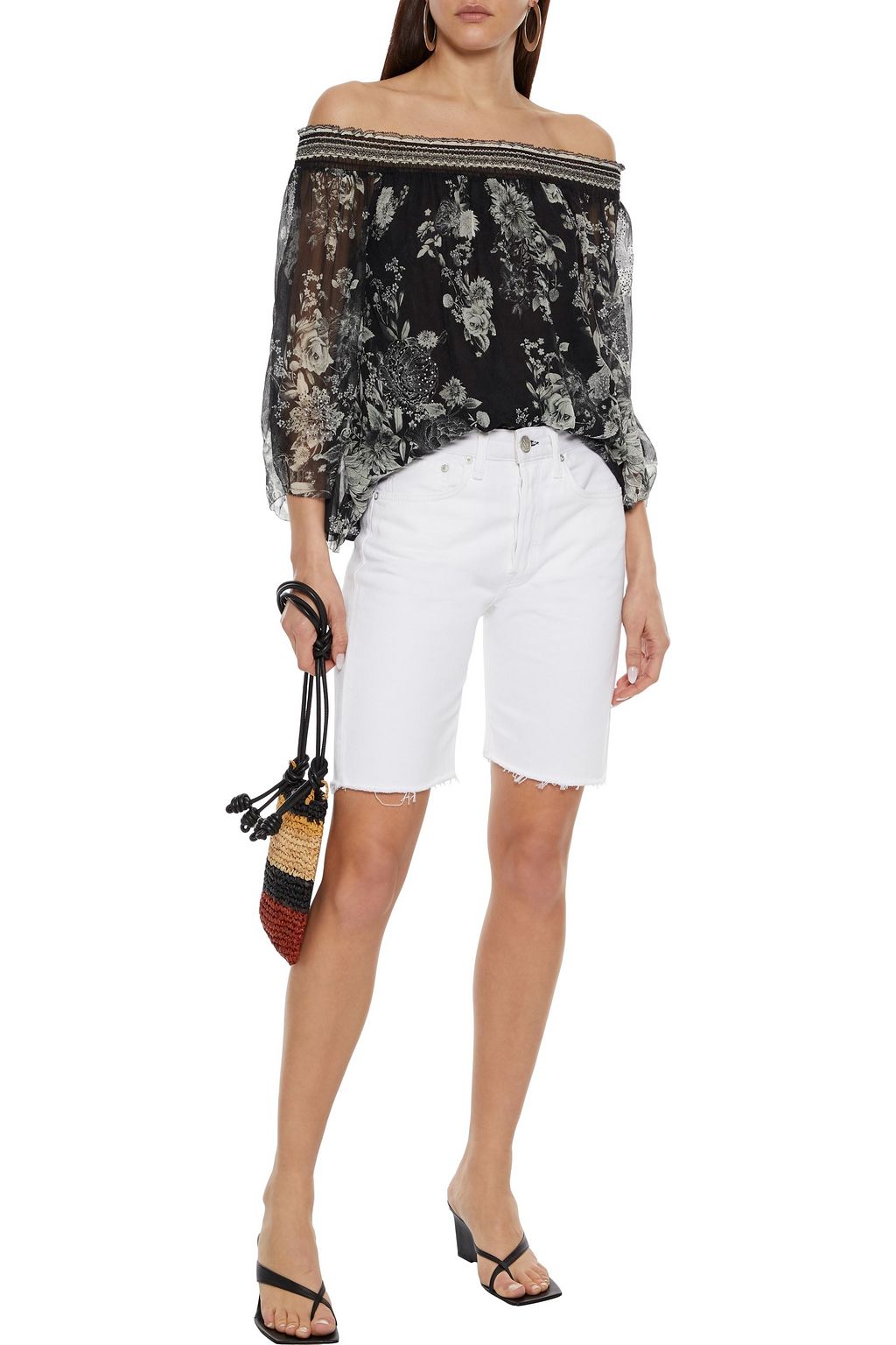 CAMILLA Off-the-shoulder crystal-embellished floral-print silk-georgette blouse