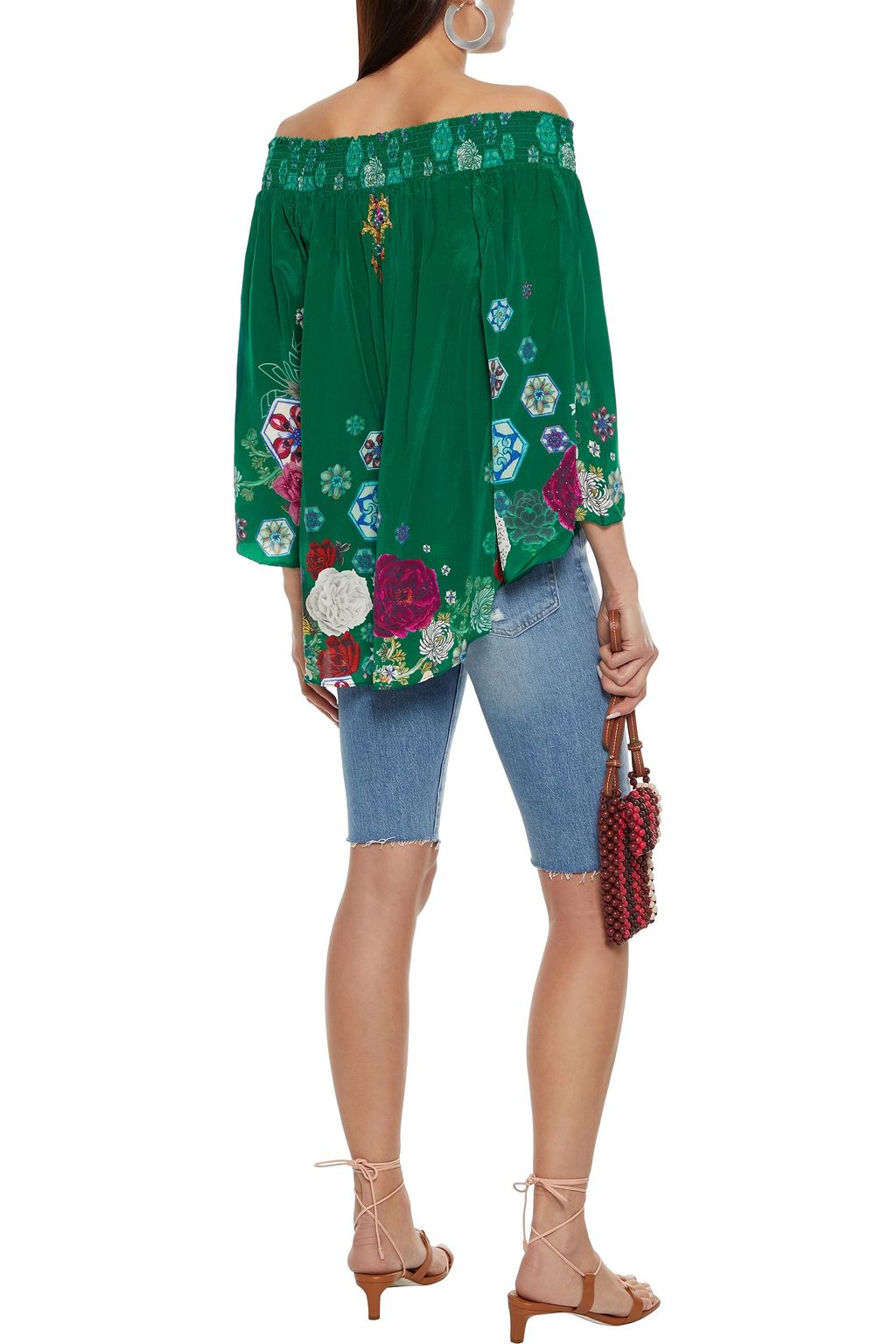 CAMILLA Off-the-shoulder crystal-embellished floral-print silk crepe de chine blouse