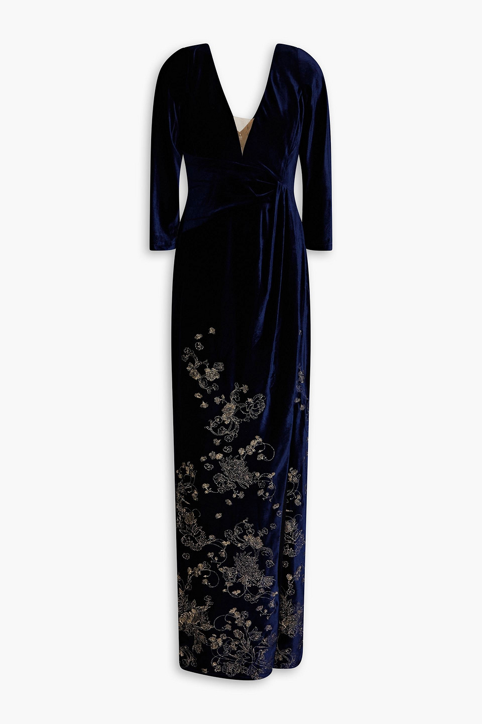 Marchesa Notte Embroidered Velvet Gown In Navy