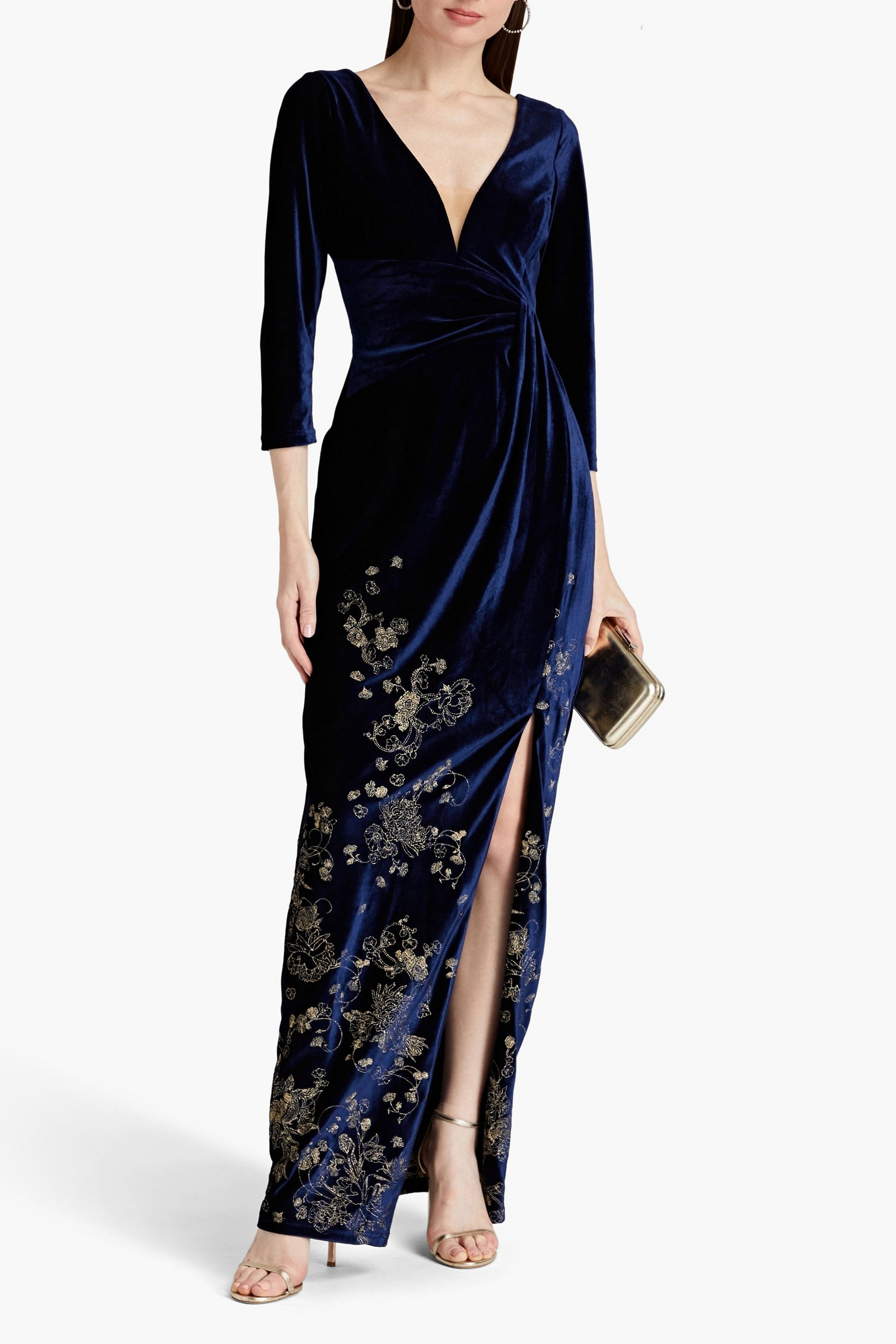 MARCHESA NOTTE Embroidered stretch-velvet gown