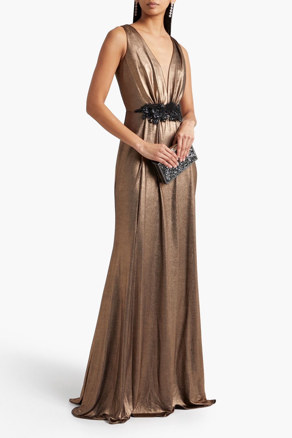 MARCHESA NOTTE Embellished metallic stretch-jersey gown