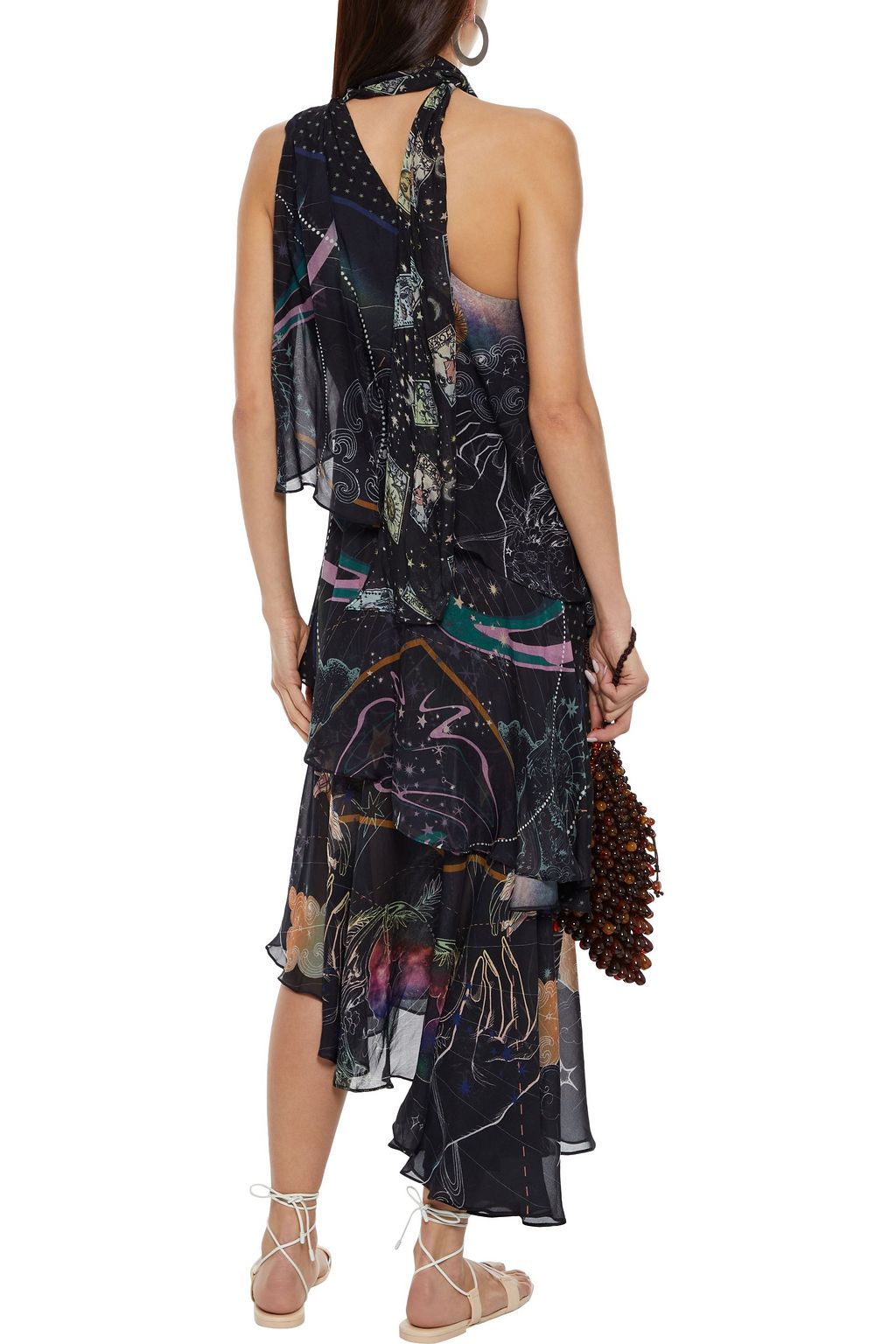 CAMILLA One-shoulder tiered tie-neck printed silk-chiffon midi dress