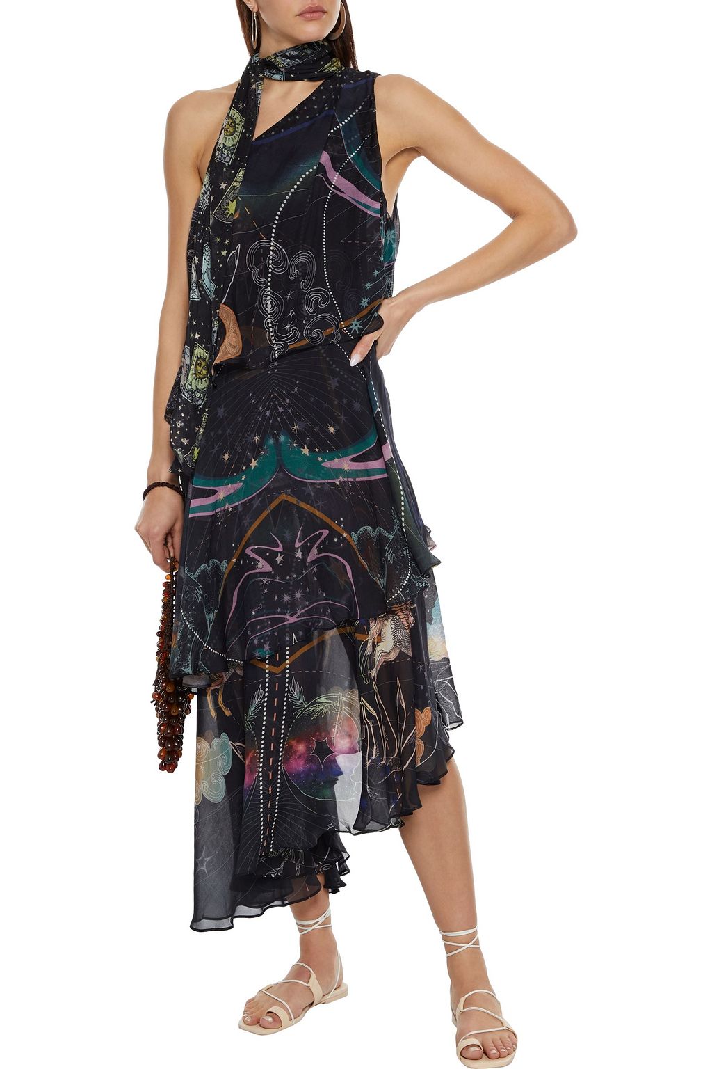 CAMILLA One-shoulder tiered tie-neck printed silk-chiffon midi dress