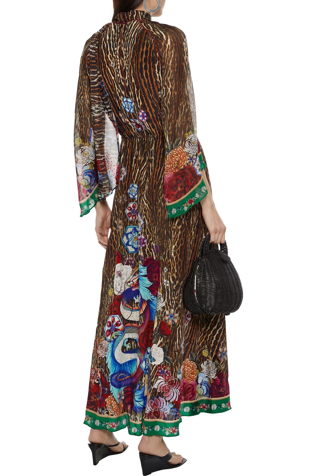 CAMILLA Tie-neck chiffon-paneled printed silk crepe de chine maxi wrap dress