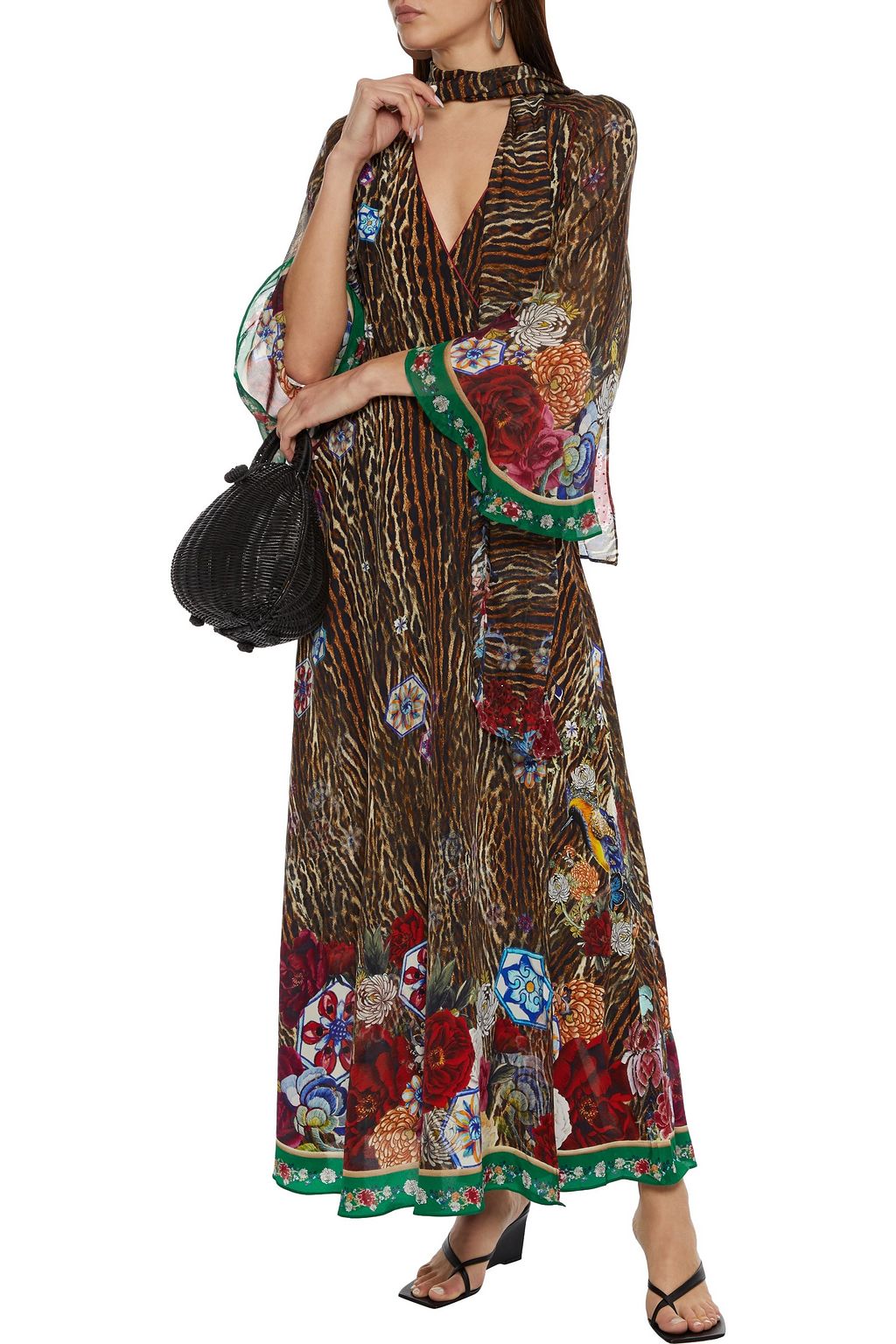 CAMILLA Tie-neck chiffon-paneled printed silk crepe de chine maxi wrap dress