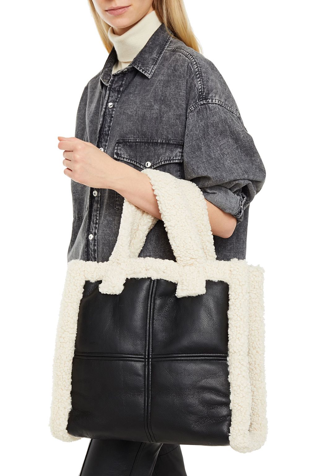 STAND STUDIO Lolita two-tone faux shearling and leather tote