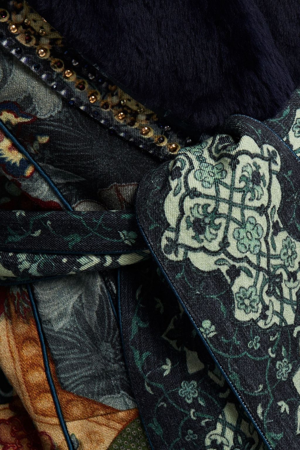 CAMILLA Hotel Booth faux shearling-trimmed printed silk-twill coat