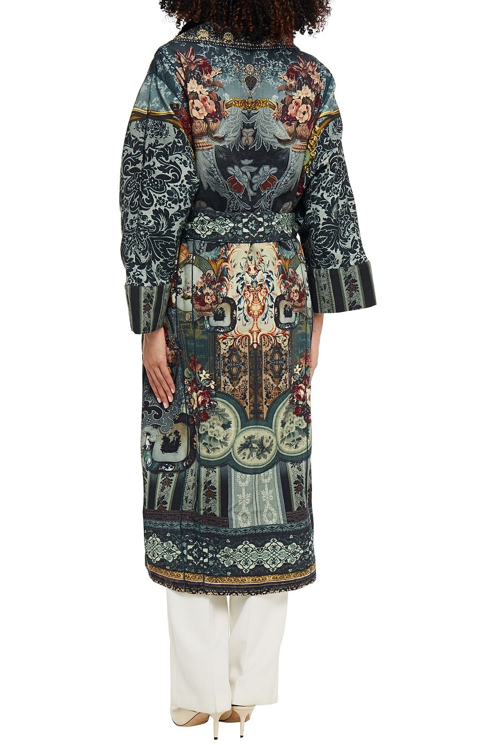CAMILLA Hotel Booth faux shearling-trimmed printed silk-twill coat