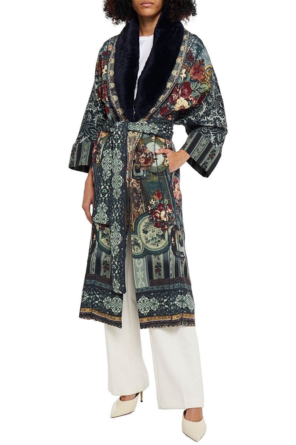 CAMILLA Hotel Booth faux shearling-trimmed printed silk-twill coat