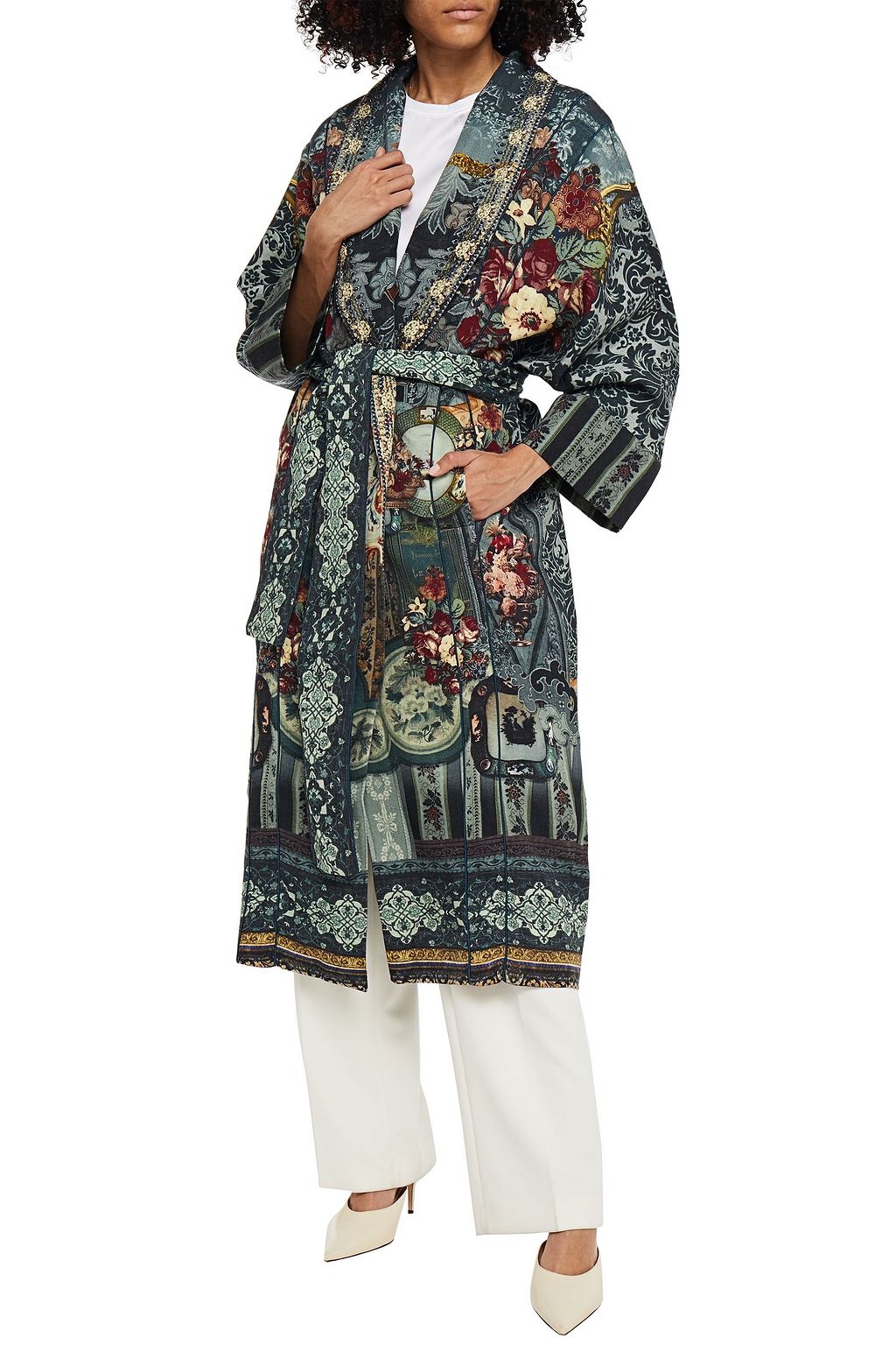 CAMILLA Hotel Booth faux shearling-trimmed printed silk-twill coat