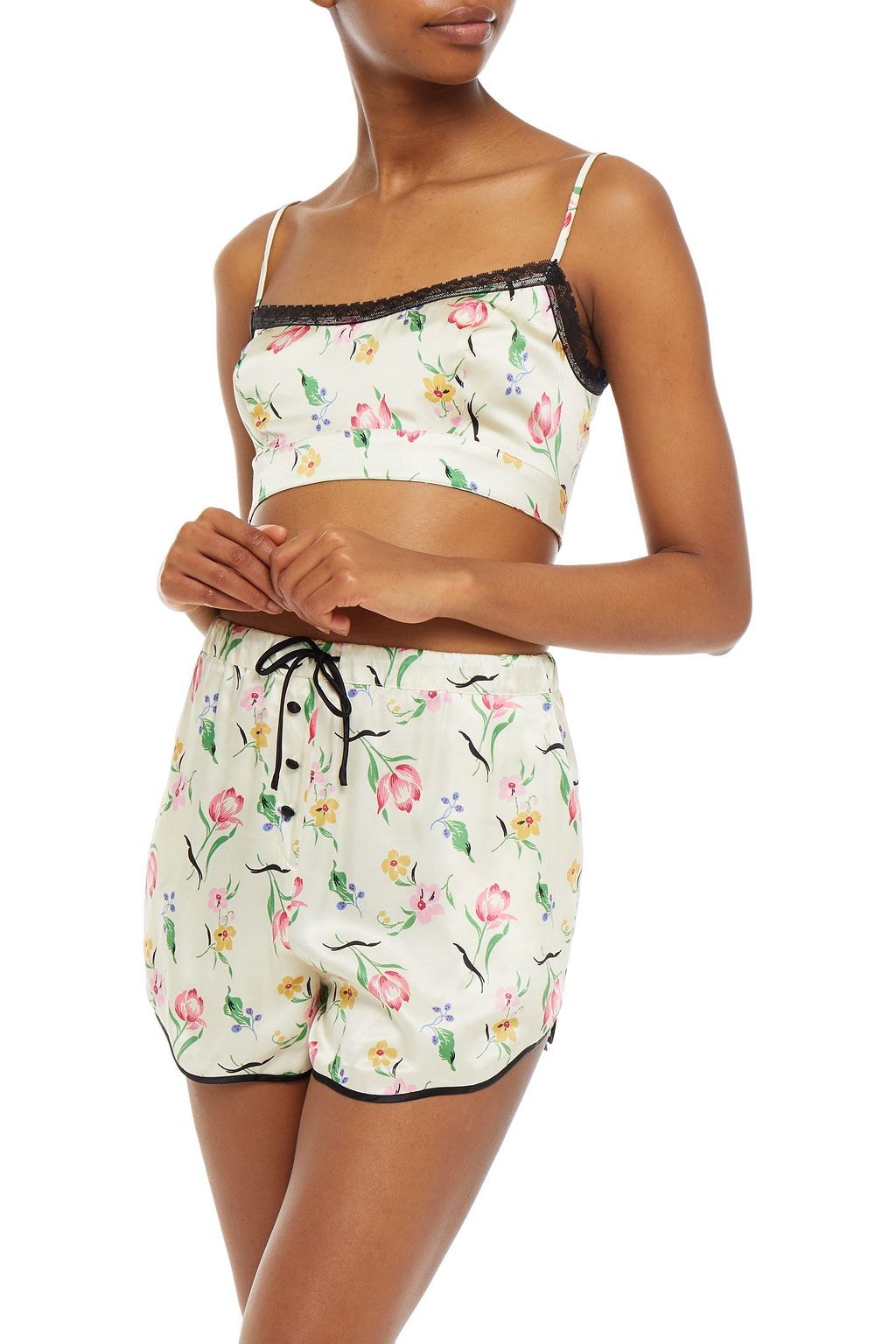 MORGAN LANE Lace-trimmed floral-print silk-blend satin pajama top
