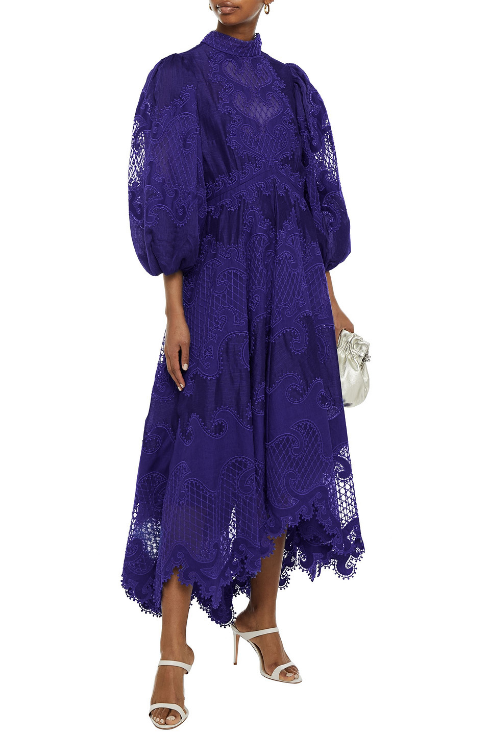 Zimmermann Asymmetric Embroidered Linen, Tulle And Organza Maxi Dress In Indigo