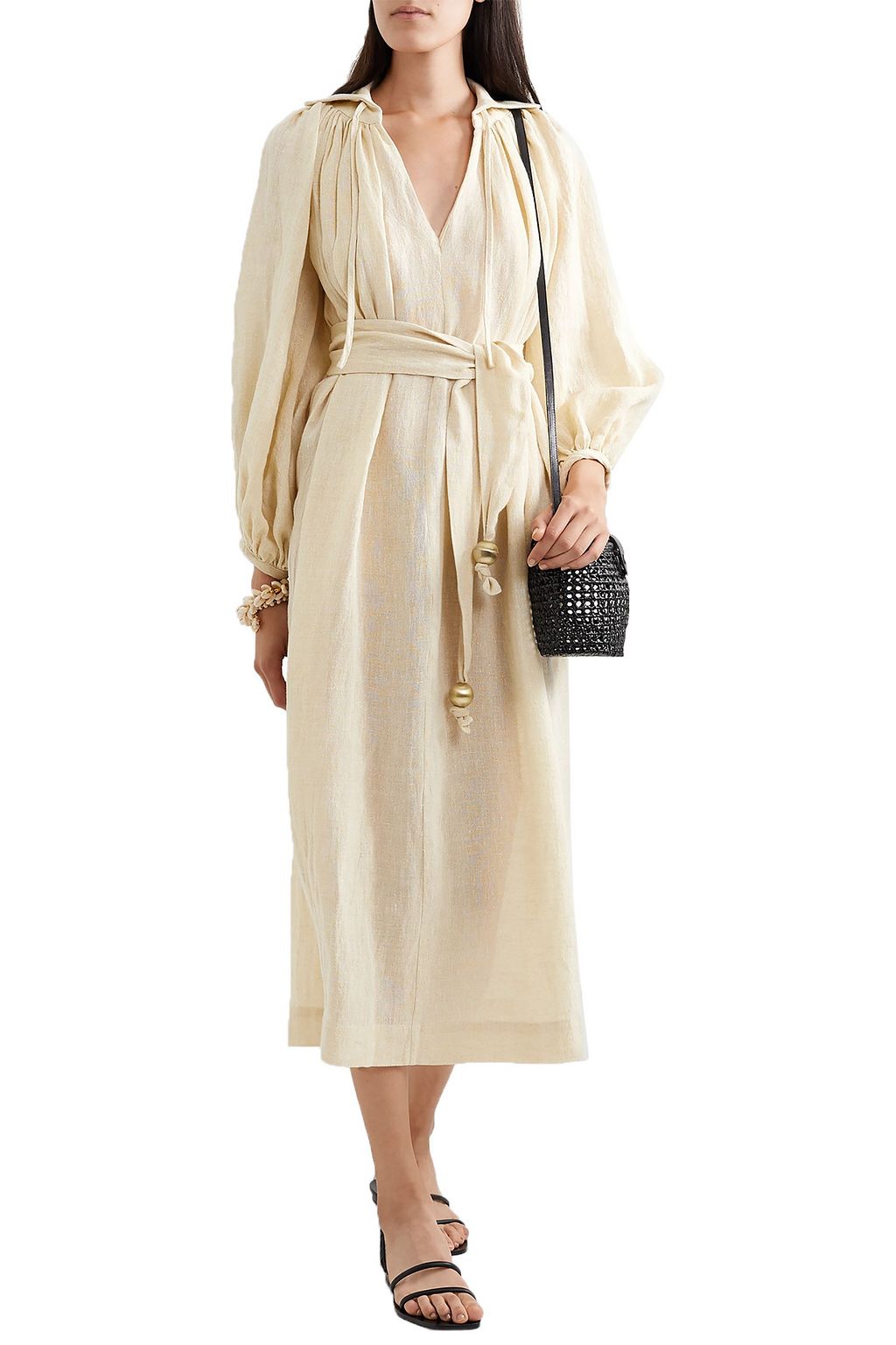 LISA MARIE FERNANDEZ Poet belted metallic linen-blend gauze midi dress