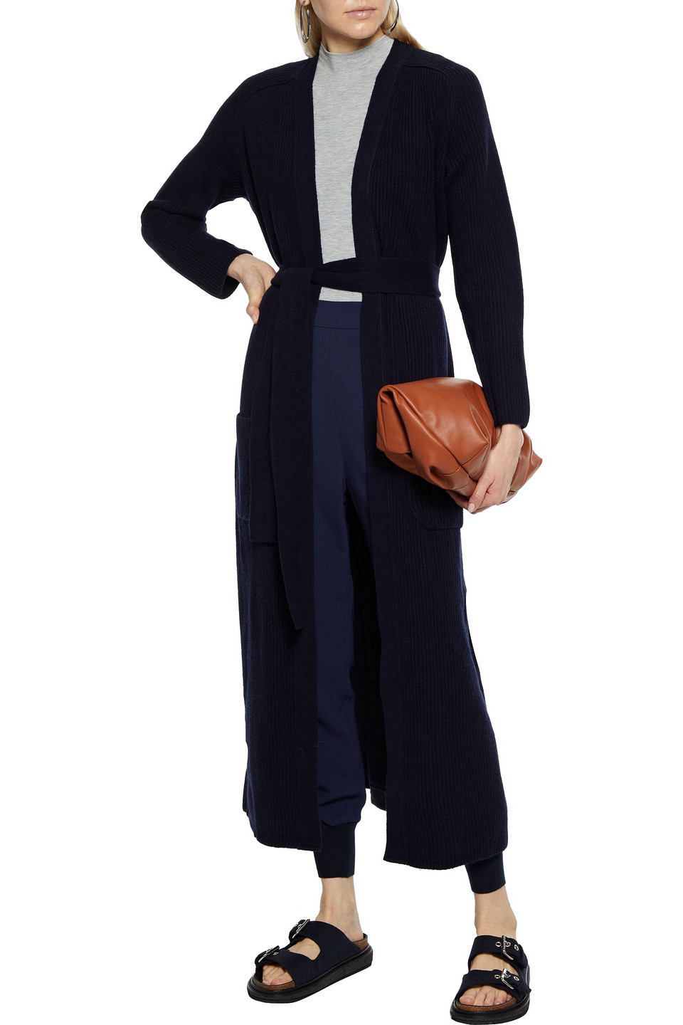 Naadam Belted Ribbed-knit And Cotton And Cashmere-blend Fleece Cardigan In Navy
