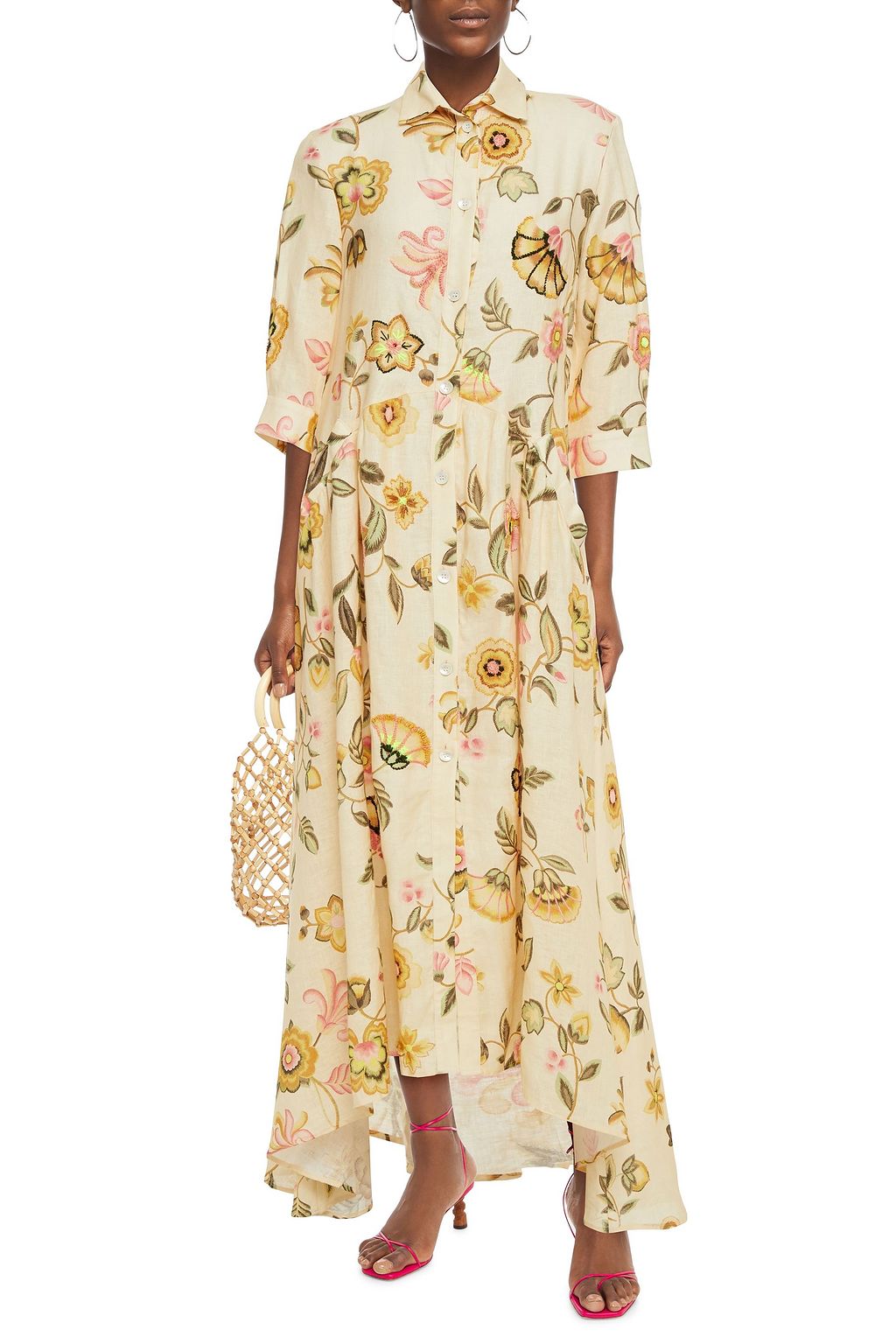 ANJUNA Asymmetric floral-print linen-gauze maxi dress