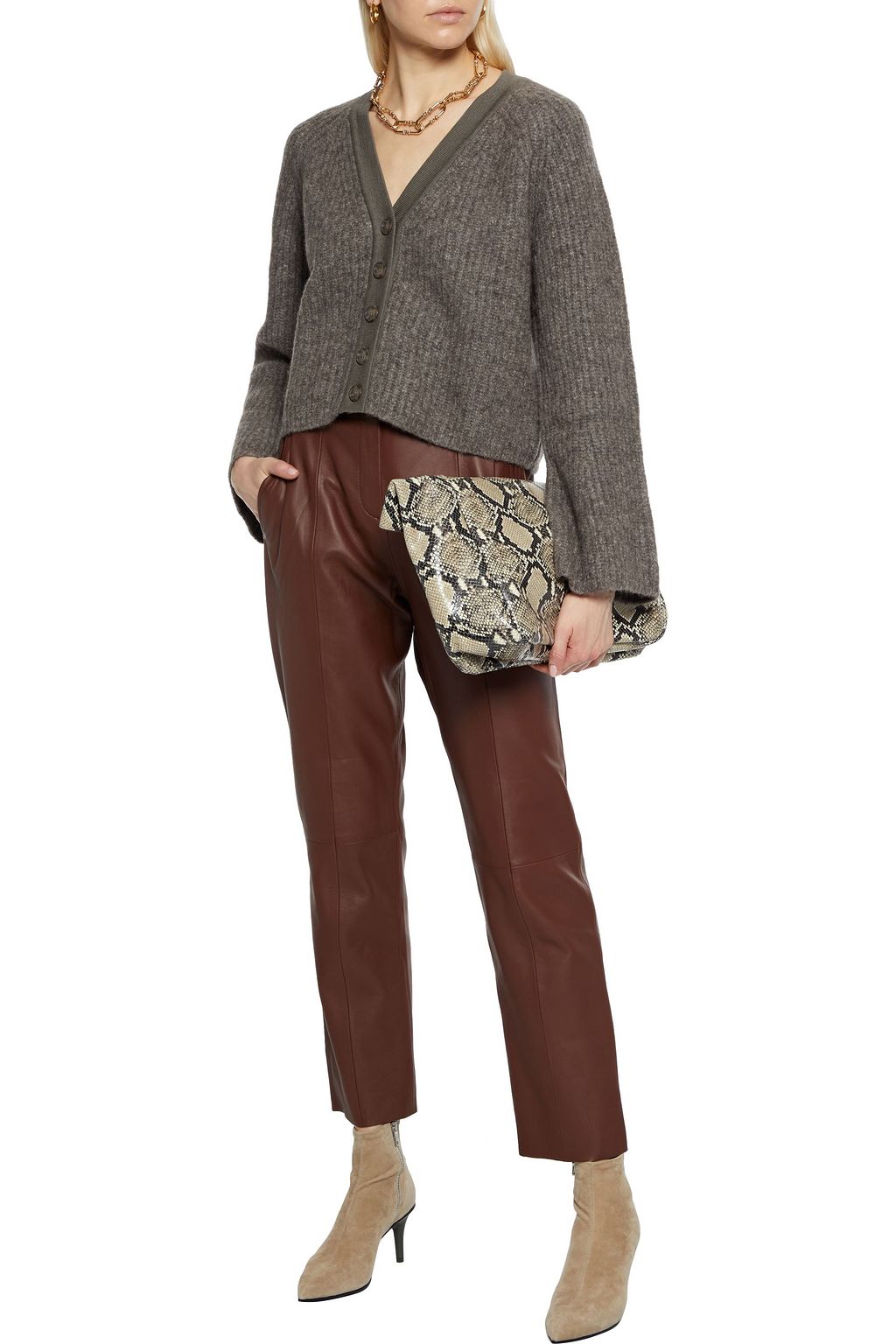 NAADAM Cropped mélange brushed ribbed-knit cardigan