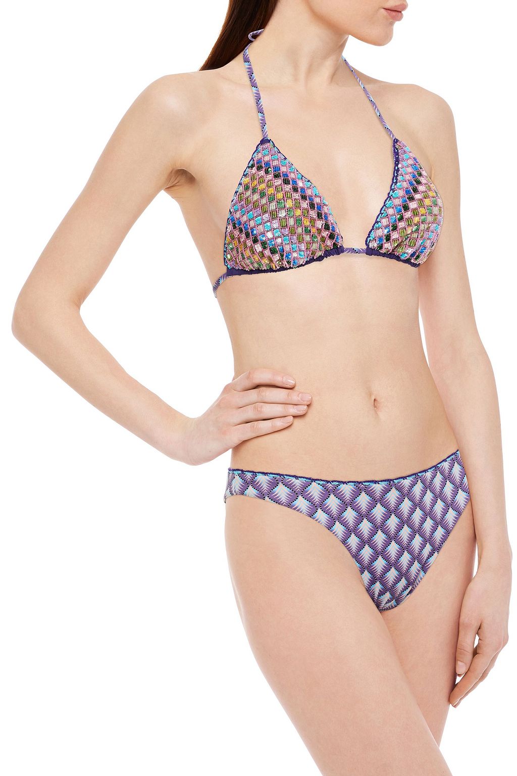 ANJUNA Crochet-trimmed embellished triangle bikini top