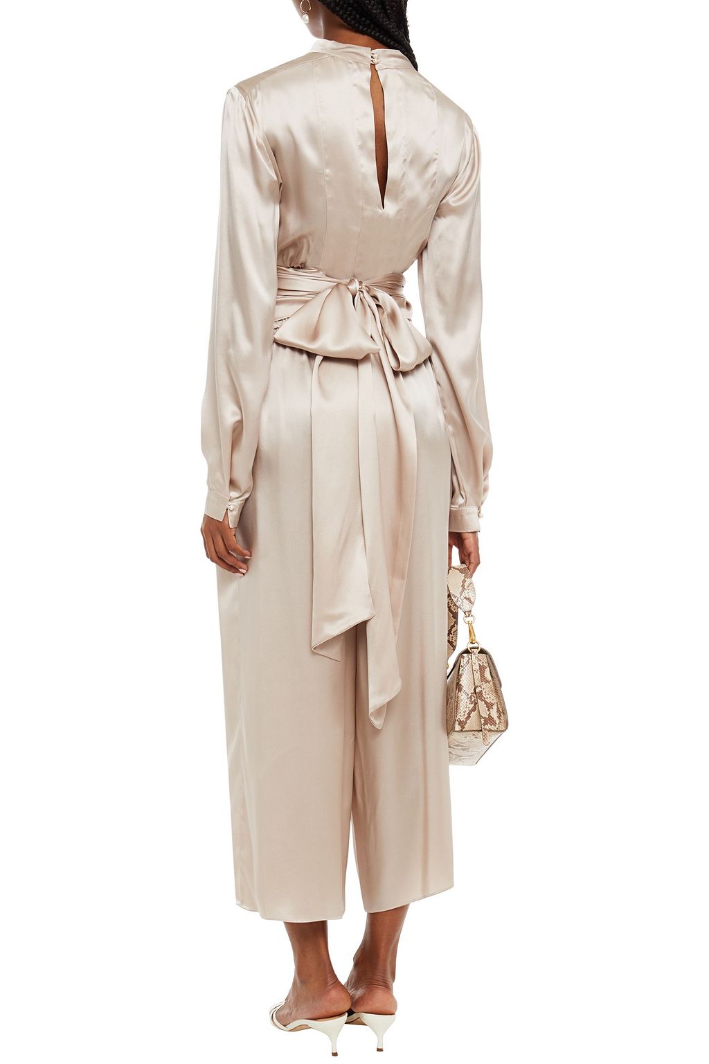 LE KASHA Cropped belted silk-satin blouse