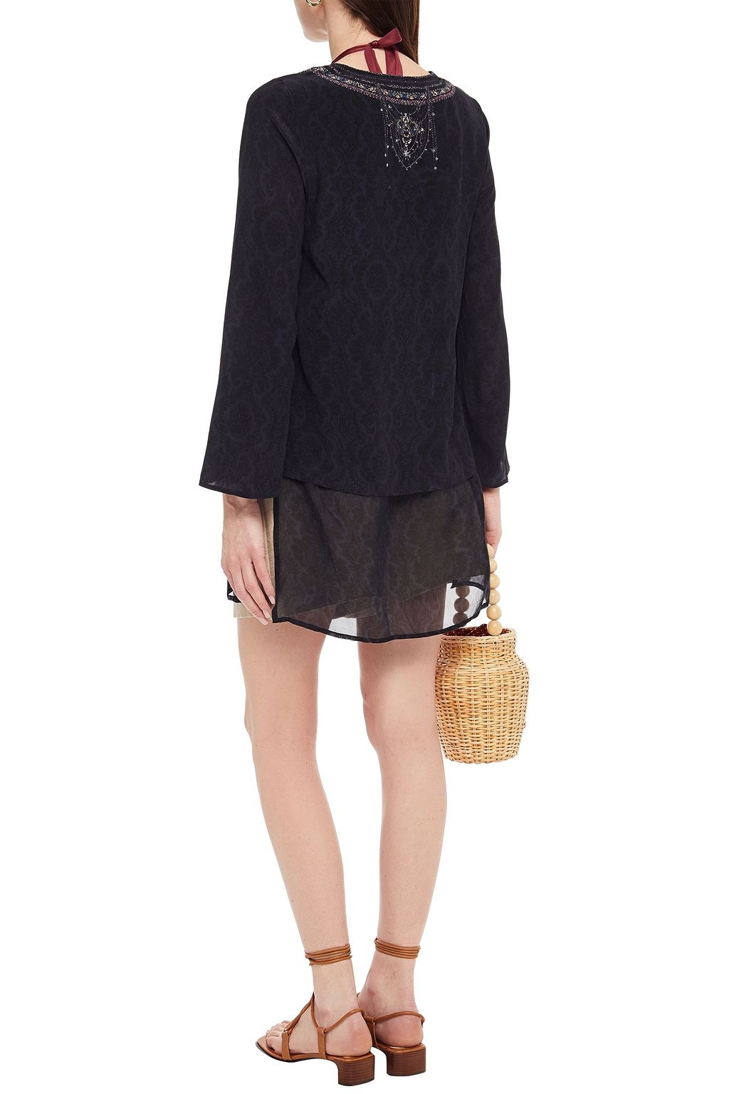 CAMILLA Midnight Meeting embellished silk-chiffon and floral-jacquard blouse