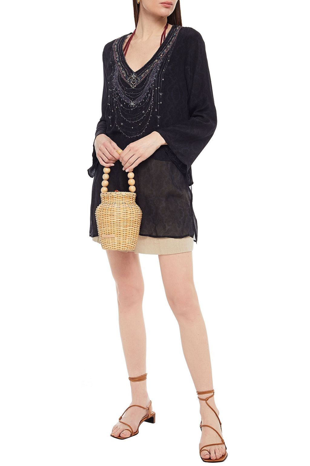 CAMILLA Midnight Meeting embellished silk-chiffon and floral-jacquard blouse