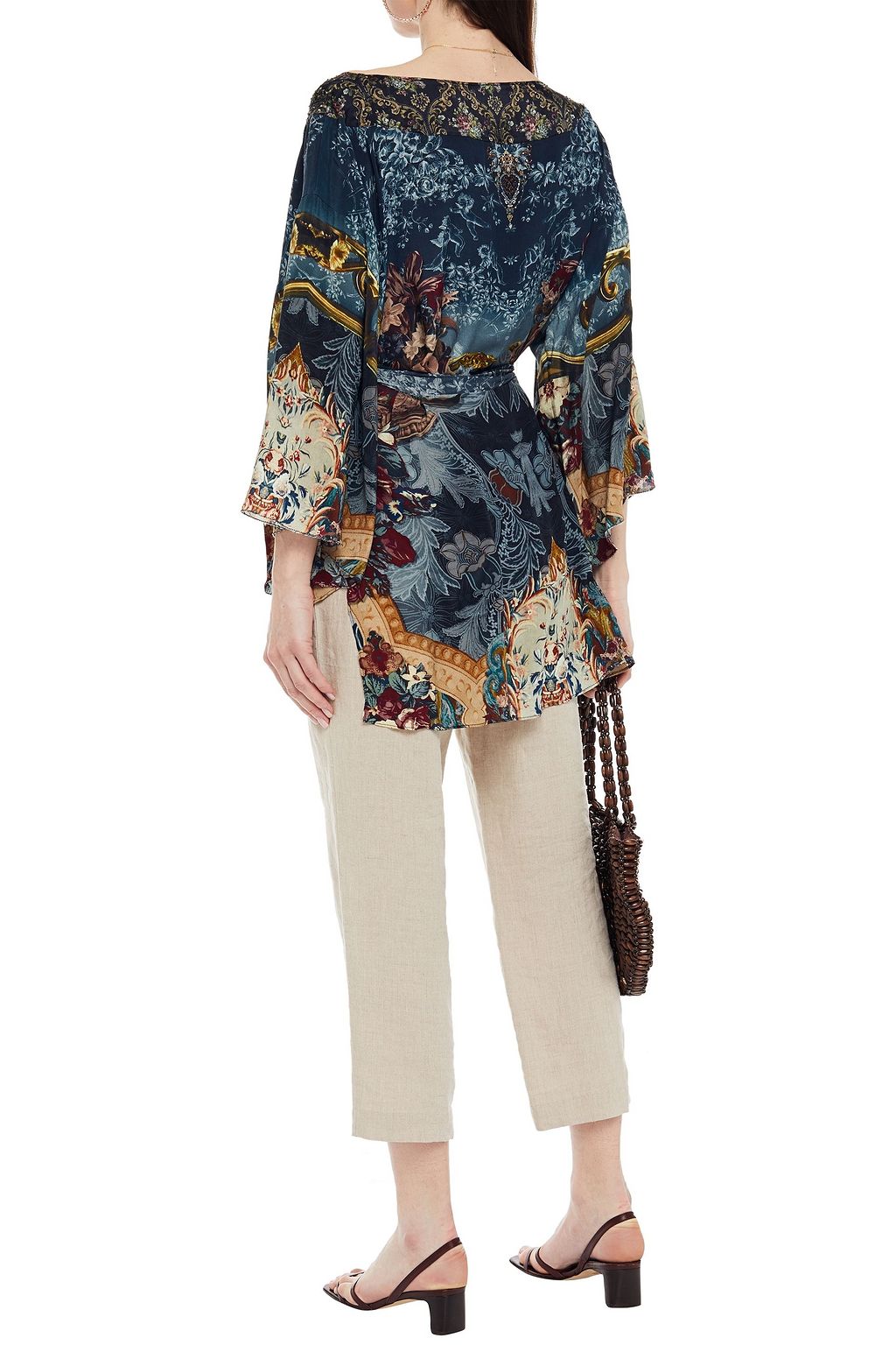 CAMILLA Hotel Boheme belted embellished printed silk-crepe blouse