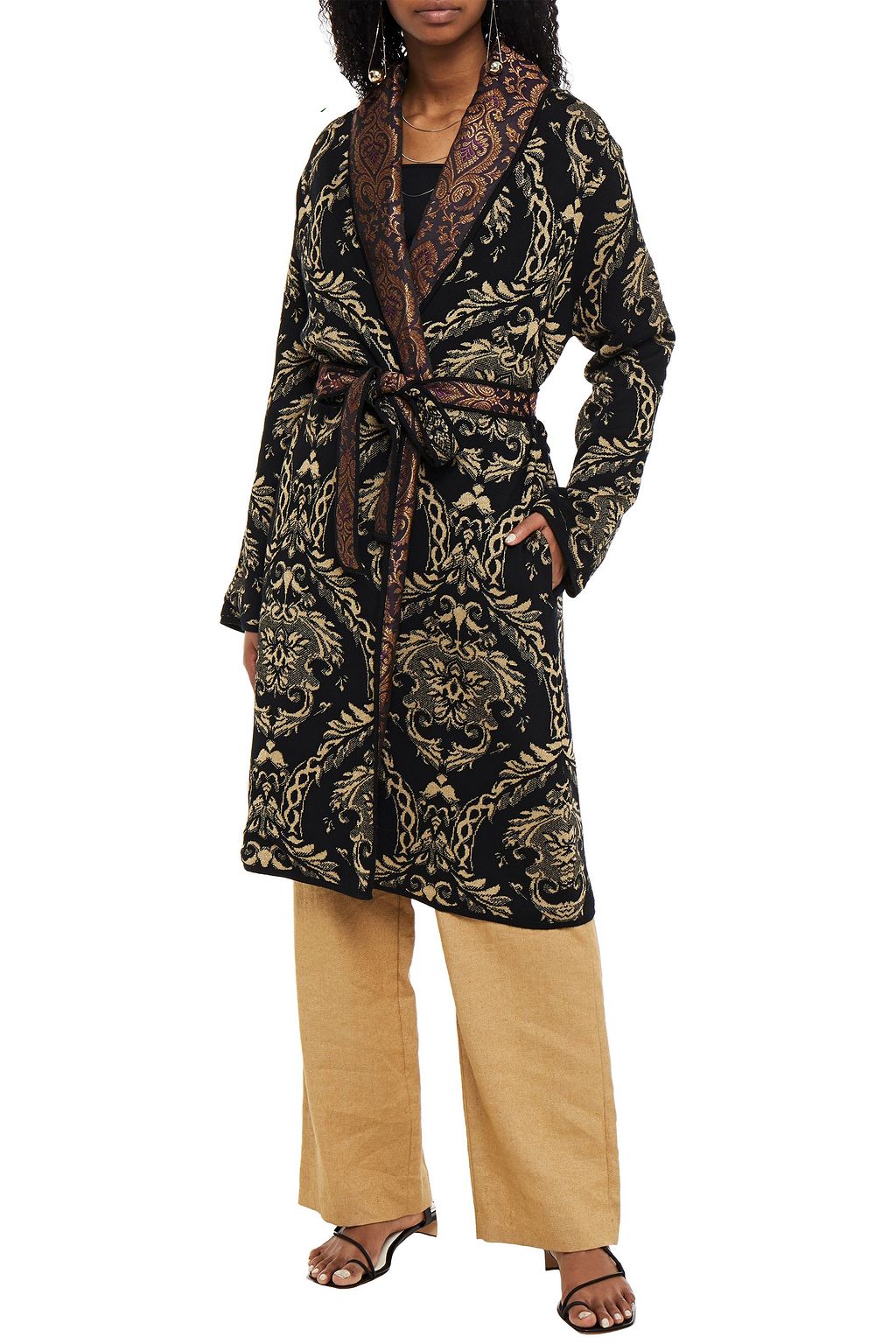 CAMILLA Belted metallic wool-blend jacquard coat