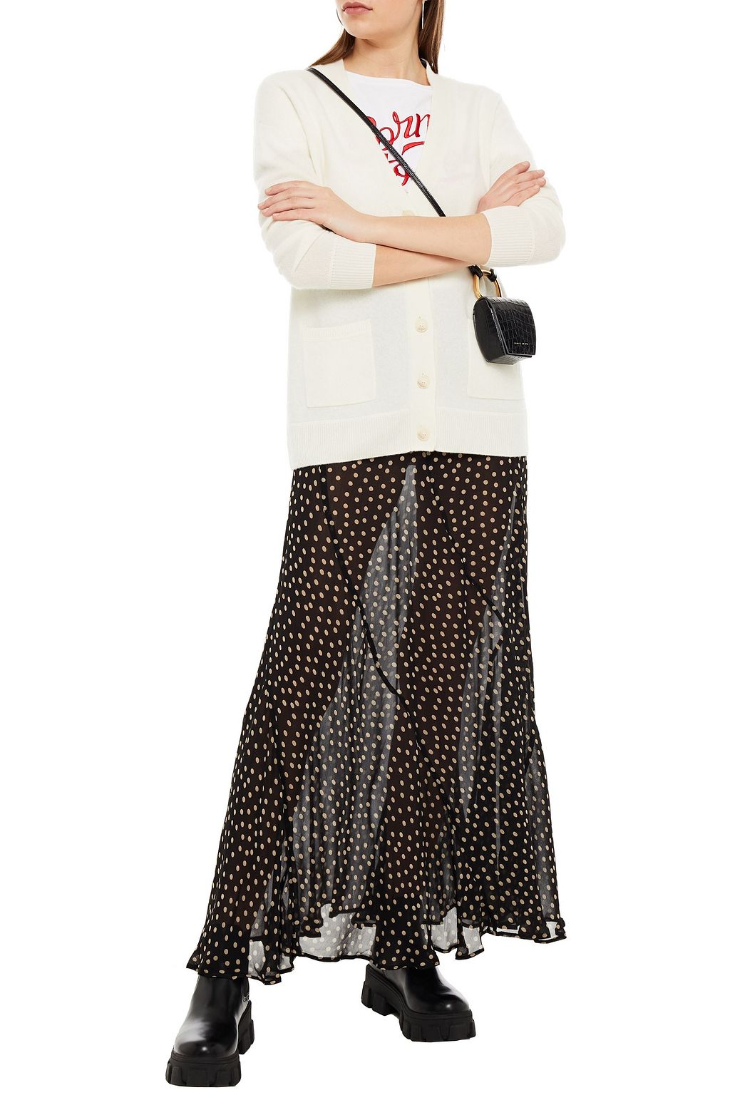 GANNI Fluted polka-dot chiffon maxi skirt