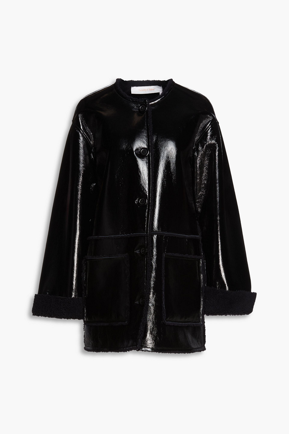 SEE BY CHLOÉ GLOSSED-LEATHER AND SHEARLING COAT,3074457345631802154