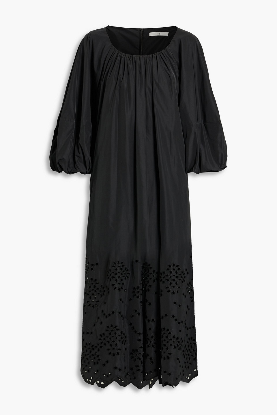 Tibi Gathered Broderie Anglaise Taffeta Midi Dress In Black | ModeSens