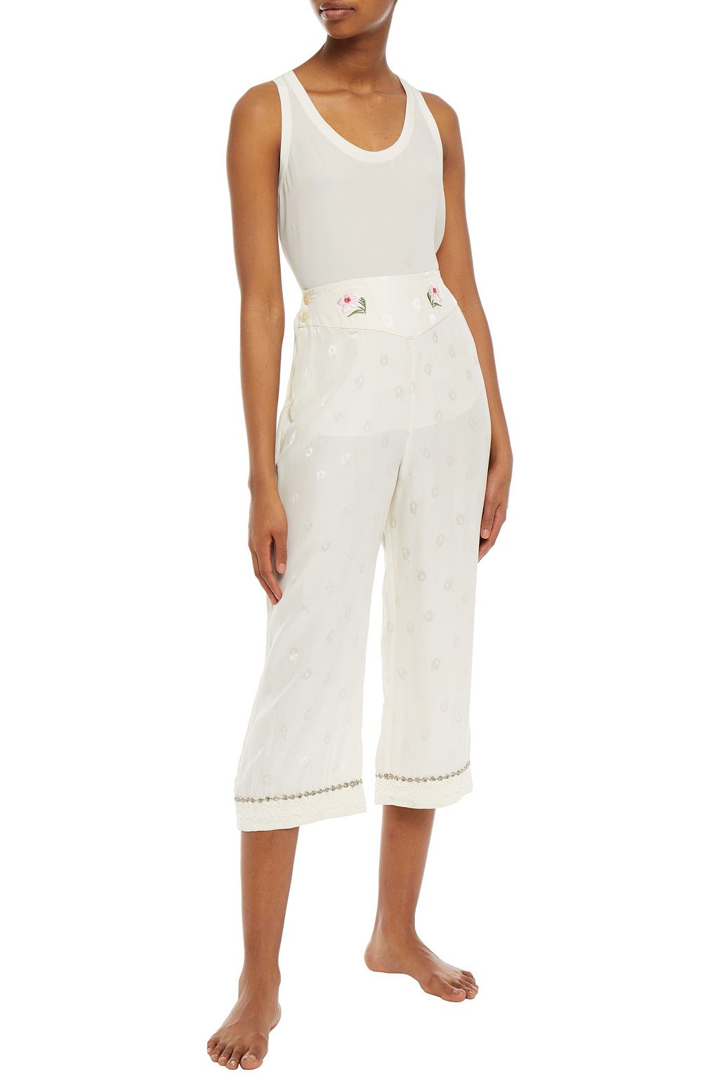 MORGAN LANE Olive embroidered silk-blend jacquard pajama pants