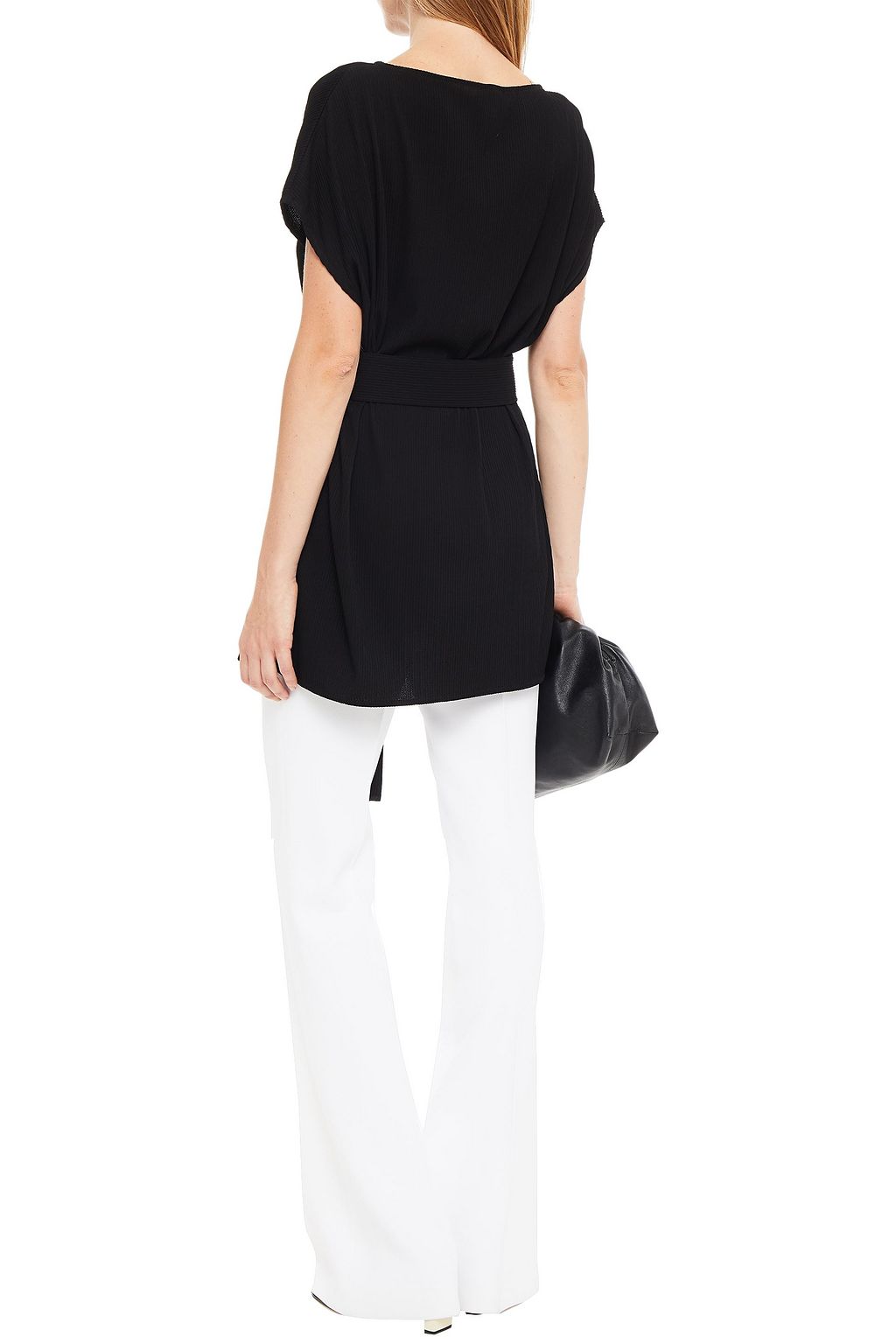 ST. JOHN Belted ribbed stretch-crepe tunic