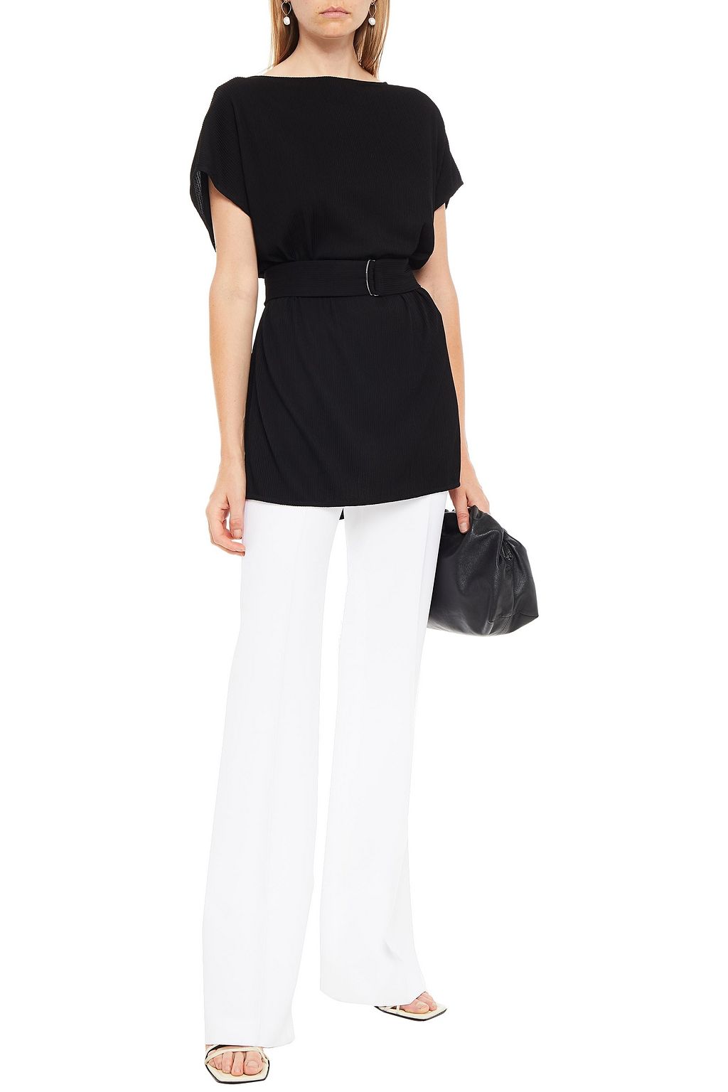 ST. JOHN Belted ribbed stretch-crepe tunic