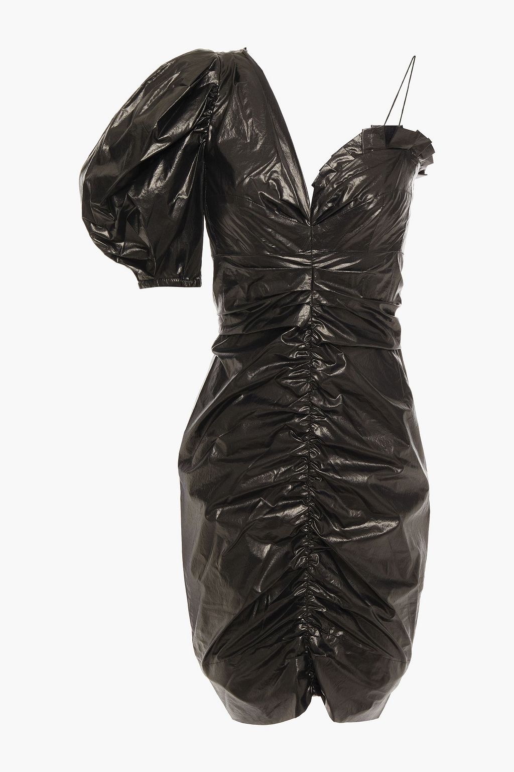 One sleeve ruched coated cotton mini dress black FR 34
