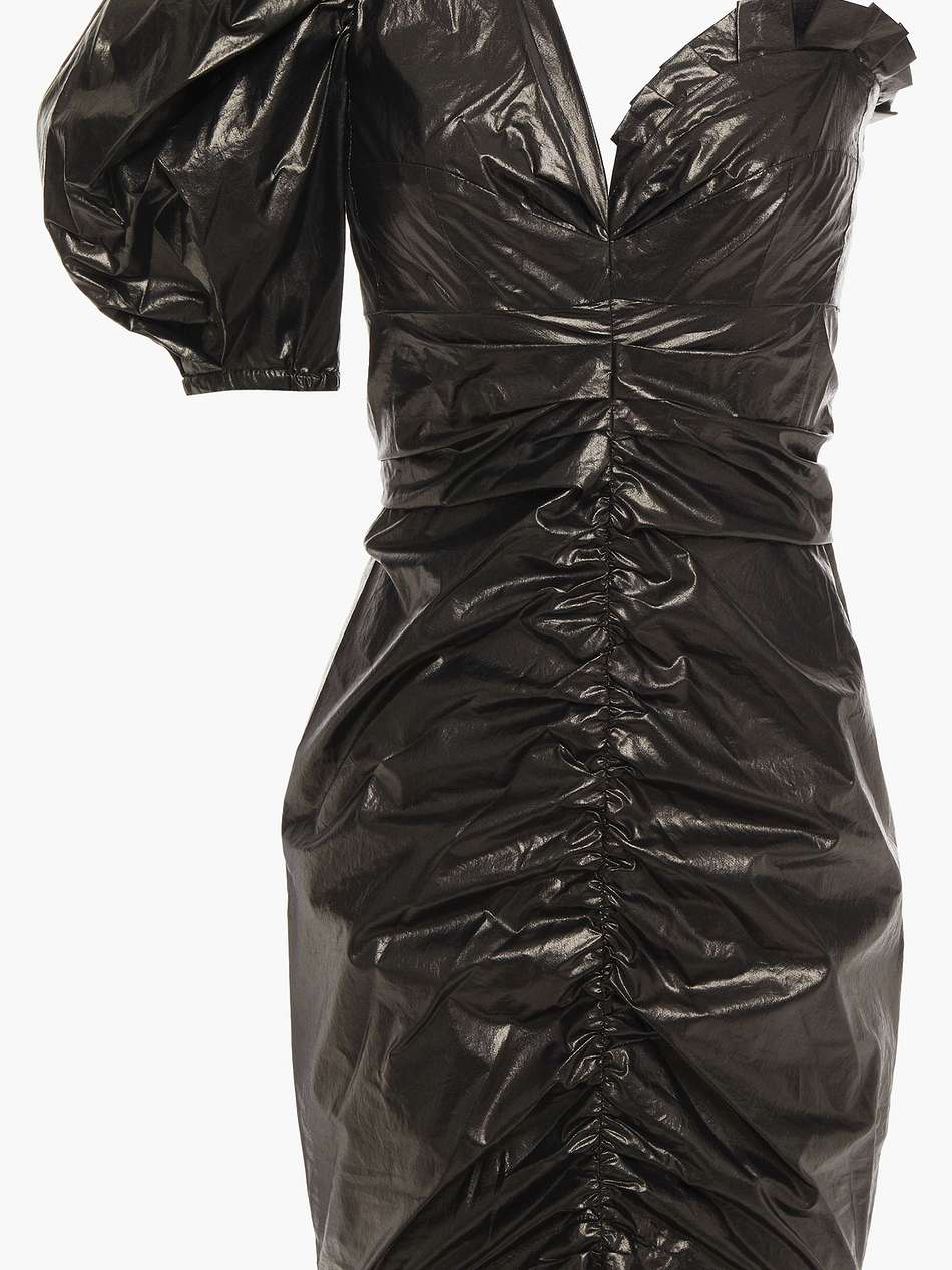 one-sleeve ruched coated-cotton mini dress