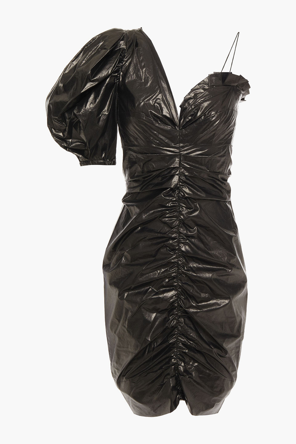 Isabel Marant One-sleeve Ruched Coated-cotton Mini Dress In Schwarz