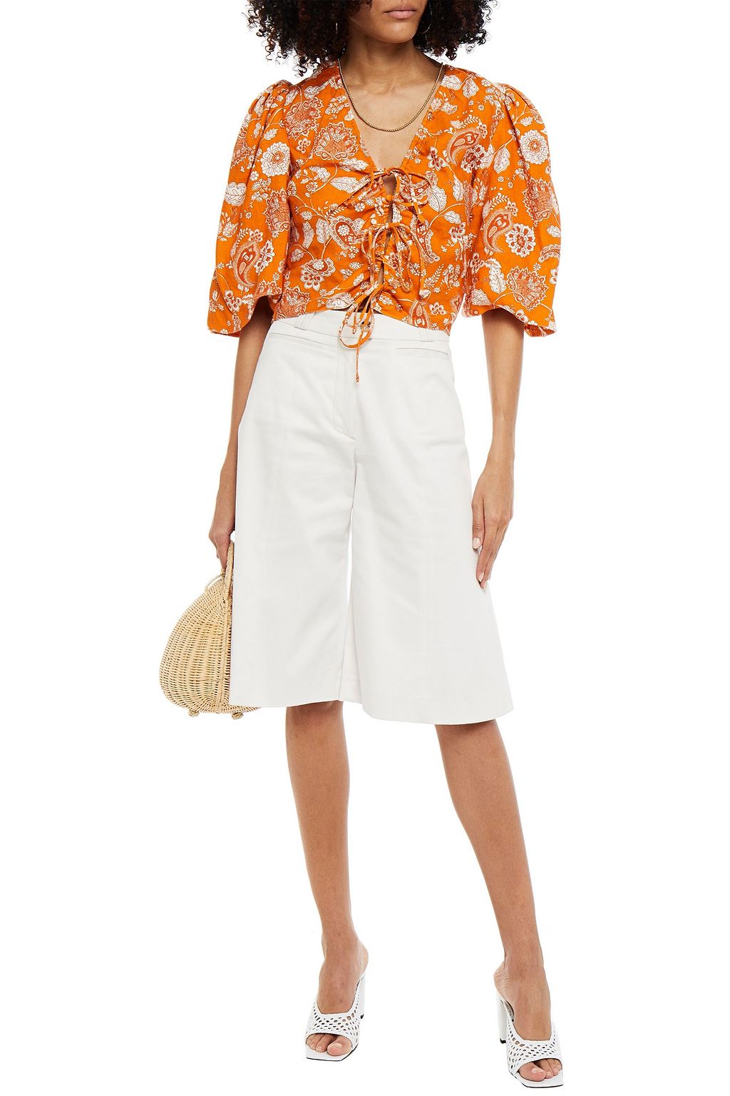 NICHOLAS Tie-front printed linen top