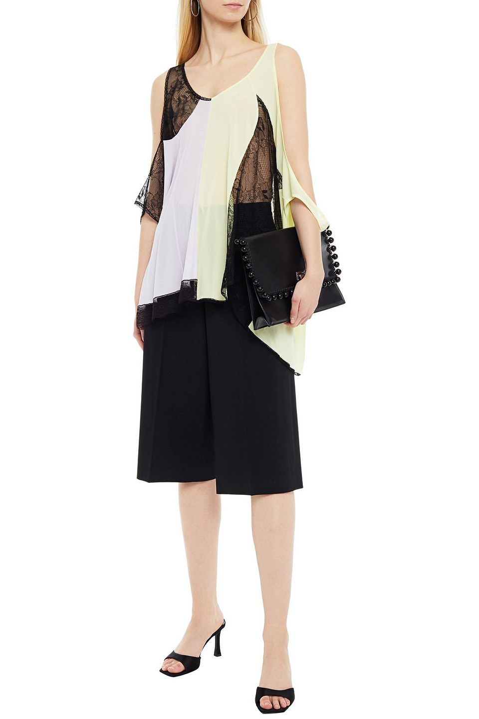 Maison Margiela Cold-shoulder Chantilly Lace-paneled Color-block Jersey Top In Multicolor