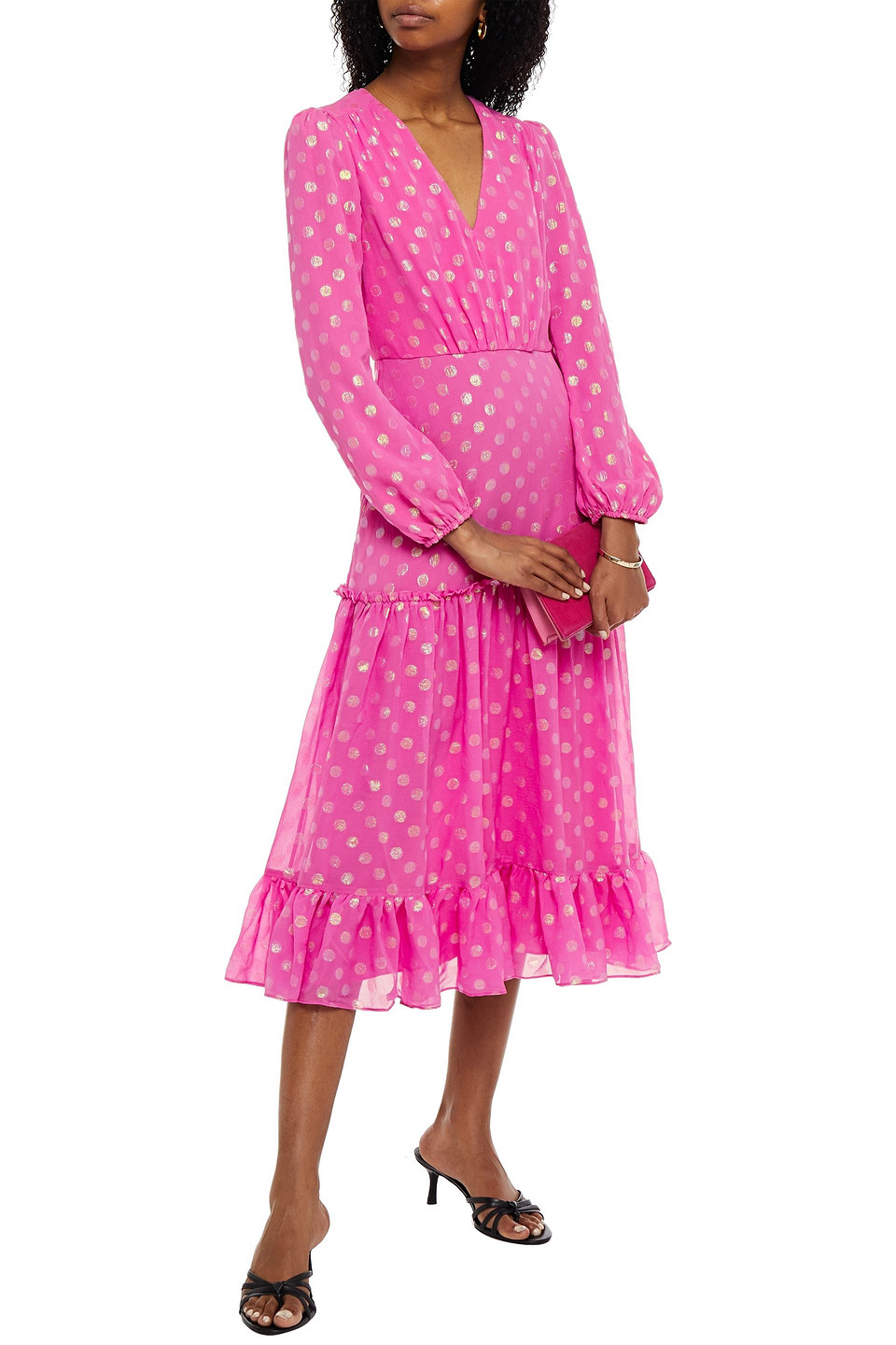 Saloni Devon Gathered Fil Coupé Silk-chiffon Midi Dress In Pink