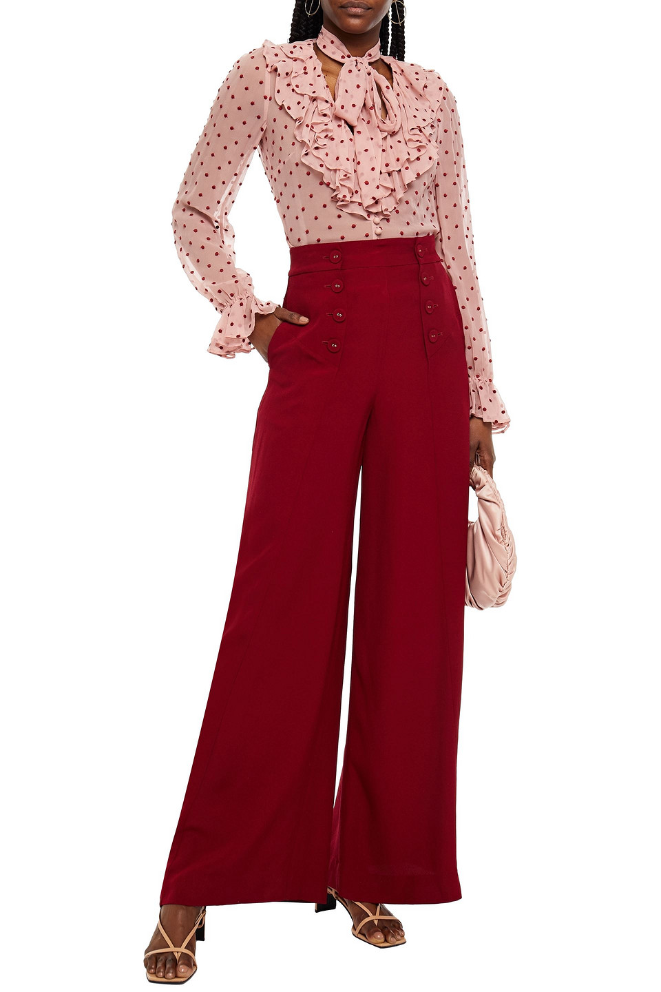 Zimmermann Wavelength Pussy-bow Ruffled Swiss-dot Silk-georgette Blouse In Antique Rose
