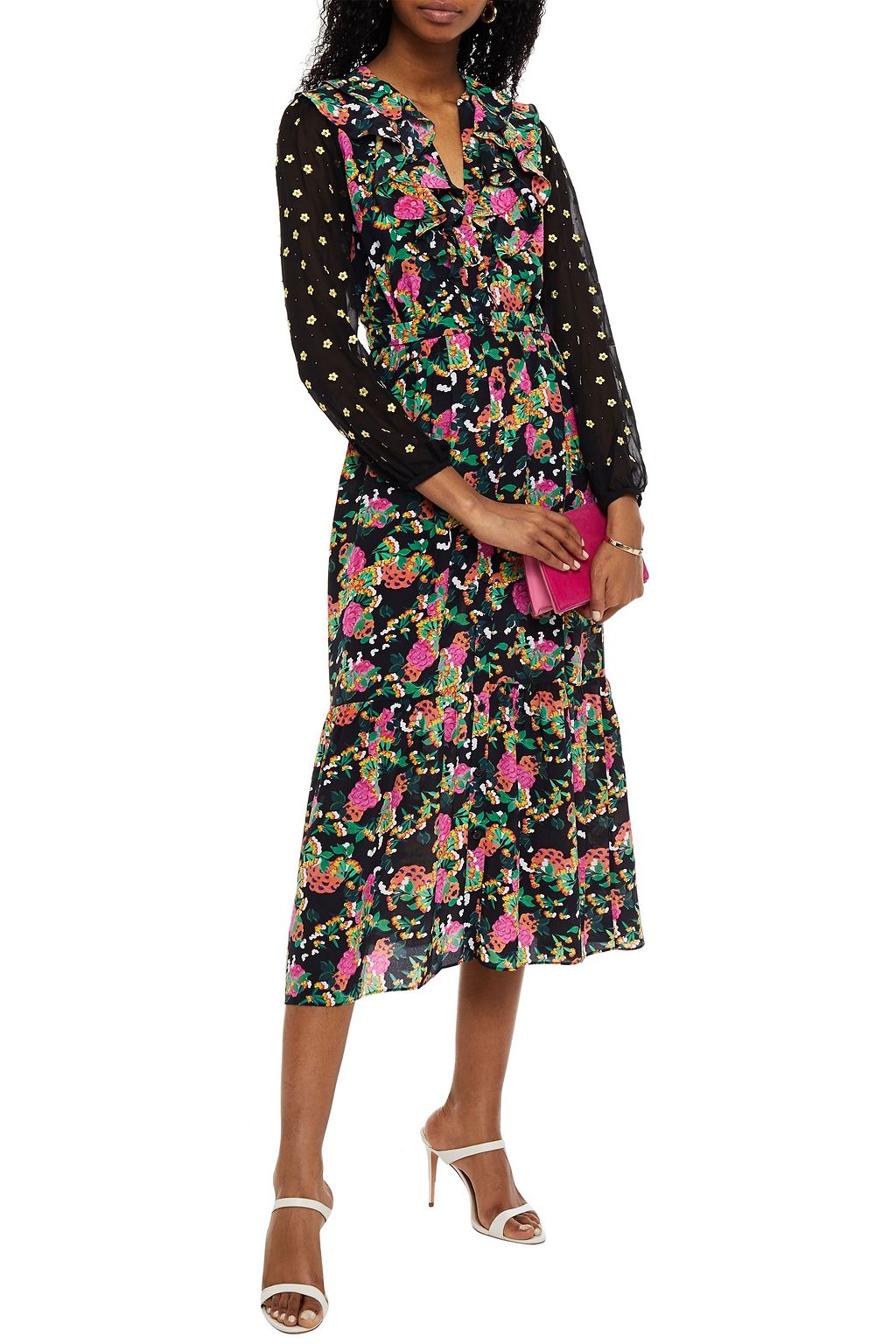 SALONI Chiffon-paneled floral-print silk crepe de chine midi dress