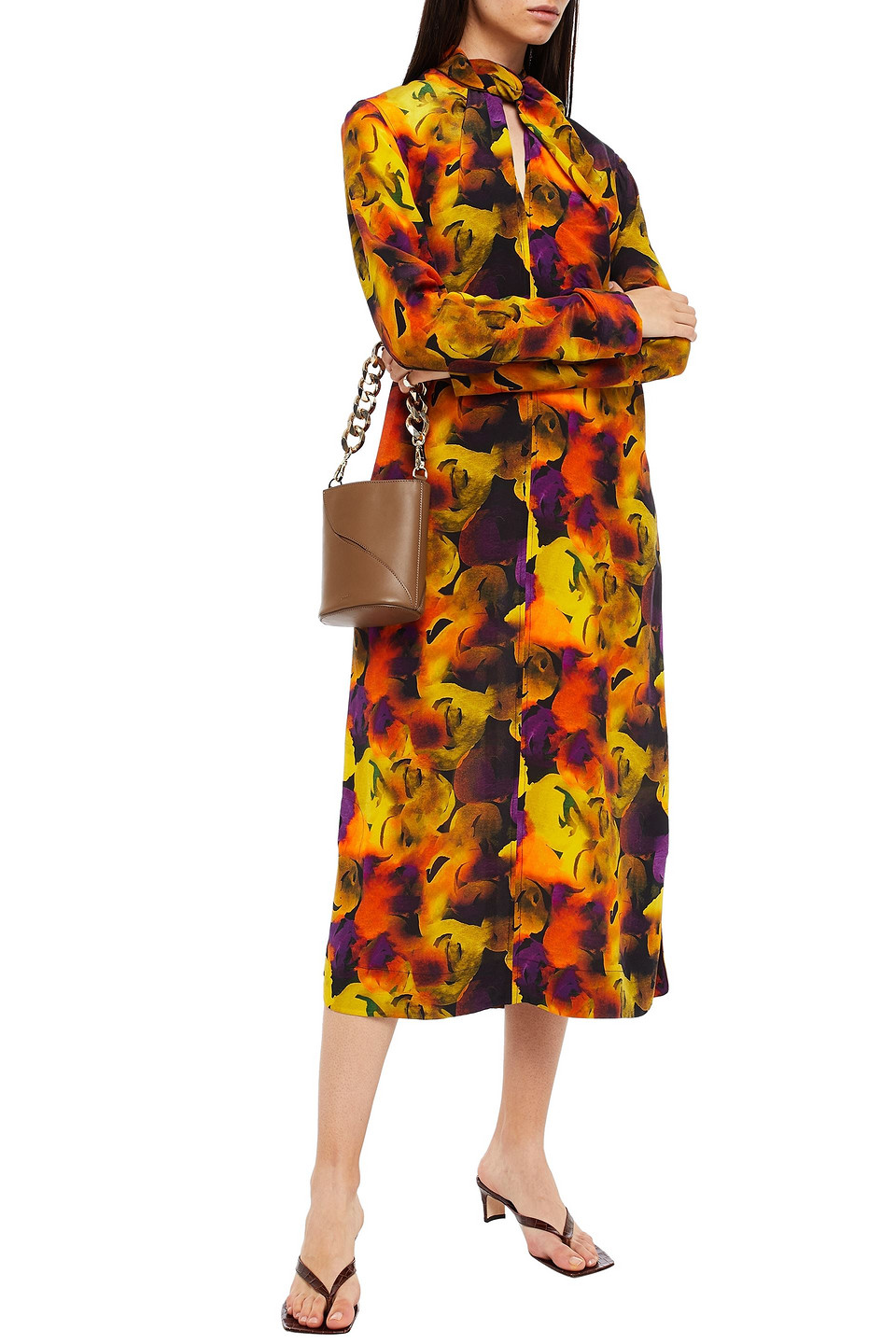 Ganni Tie-neck Printed Crepe De Chine Midi Dress In Saffron