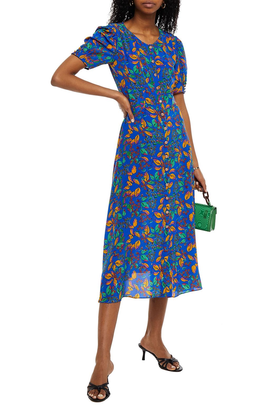SALONI Lea shirred printed silk crepe de chine midi dress