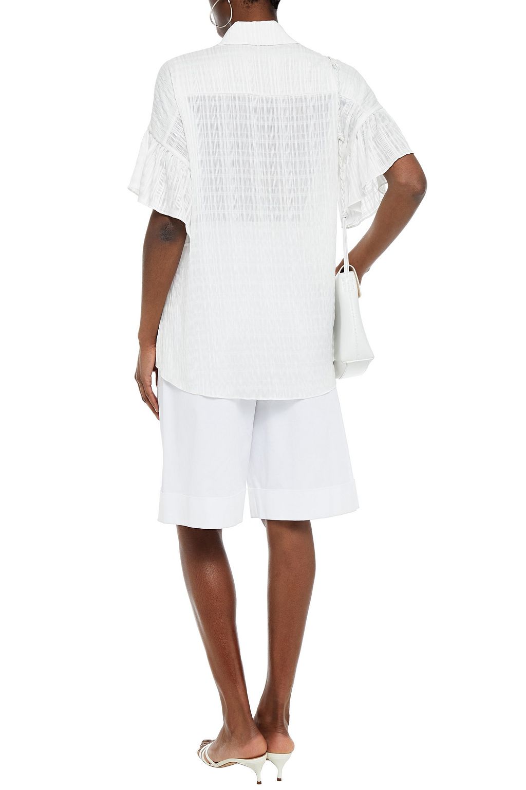 ALICE + OLIVIA Edyth asymmetric ruffled burnout seersucker shirt