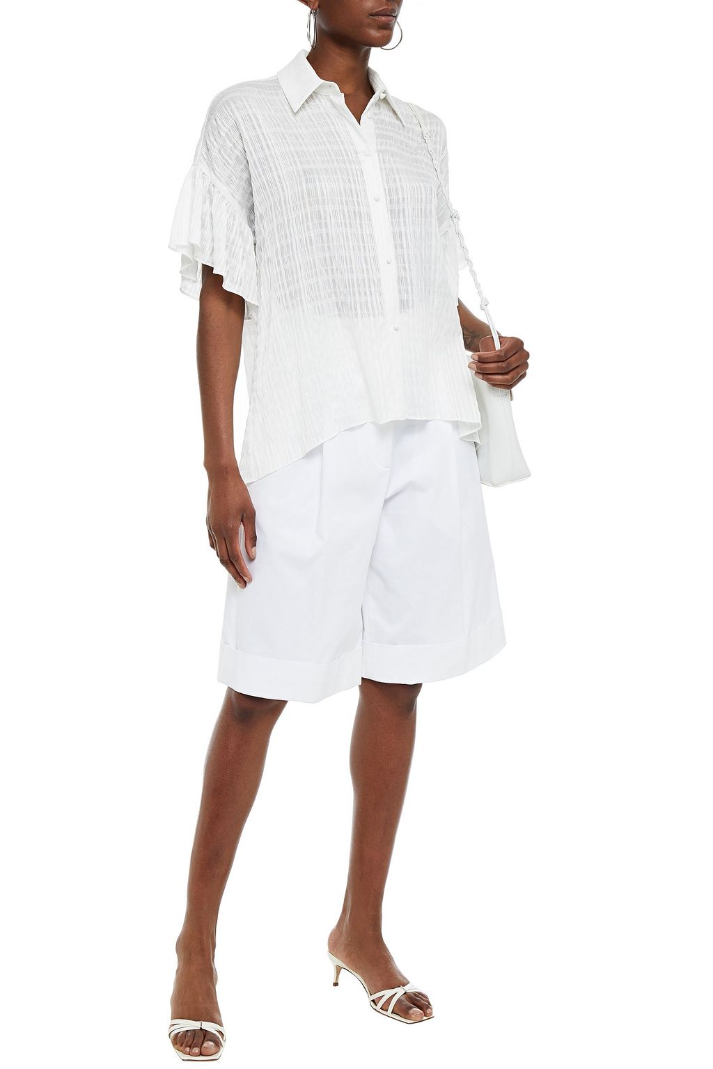 ALICE + OLIVIA Edyth asymmetric ruffled burnout seersucker shirt