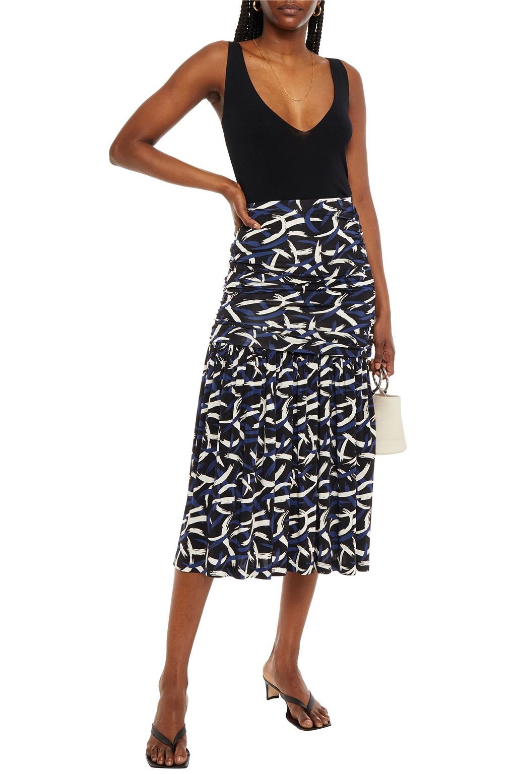 M MISSONI Ruched printed stretch-jersey midi skirt